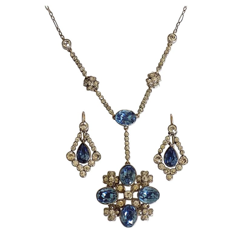 Antique Edwardian Gold Silver Paste Earrings Necklace Set For Sale at ...