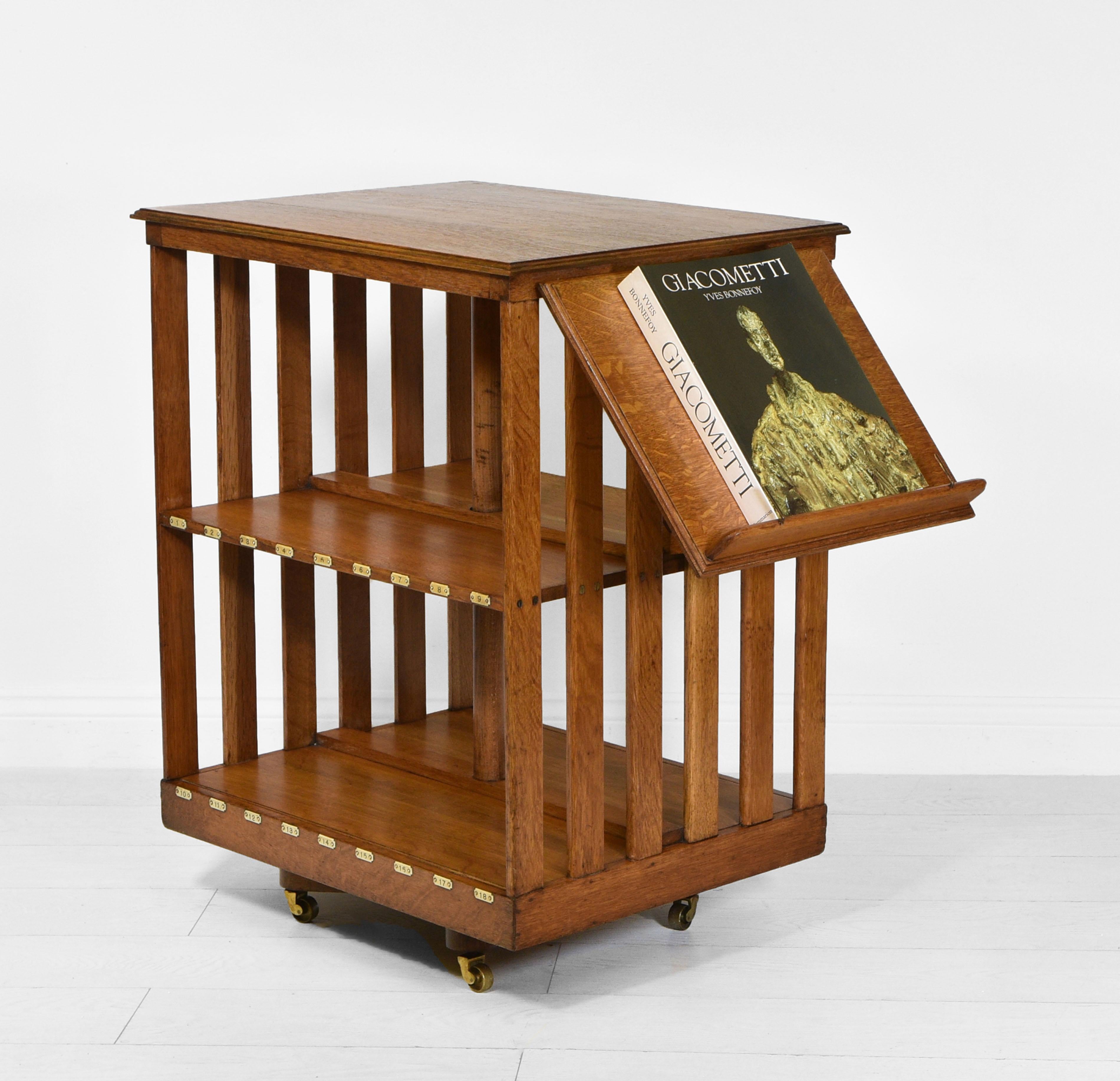 Arts and Crafts Antique Edwardian Golden Oak Revolving Library Bookcase with Bookrest