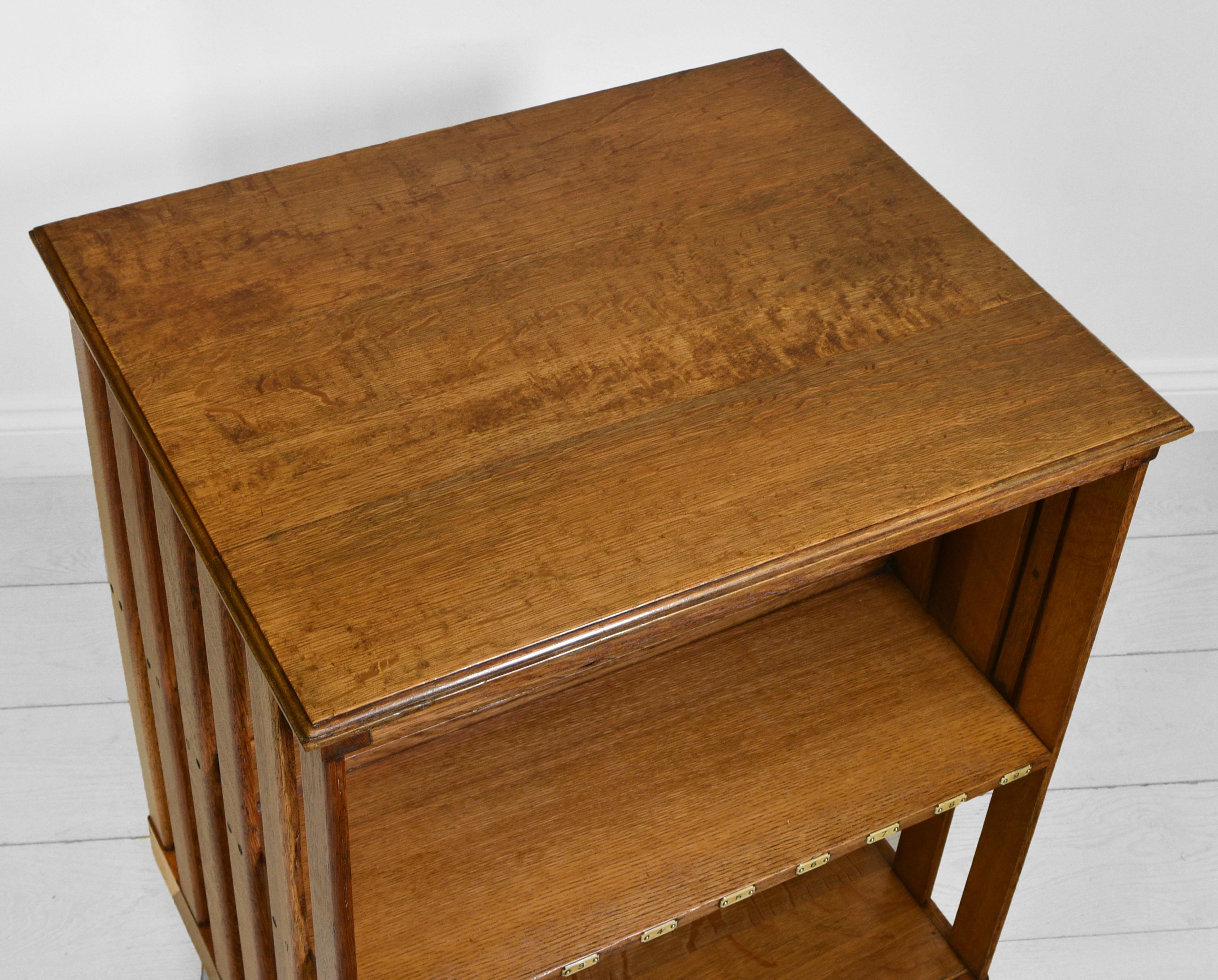 English Antique Edwardian Golden Oak Revolving Library Bookcase with Bookrest