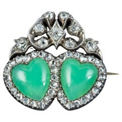 Antique Edwardian Green Chalcedony Diamond Entwined Heart Brooch
