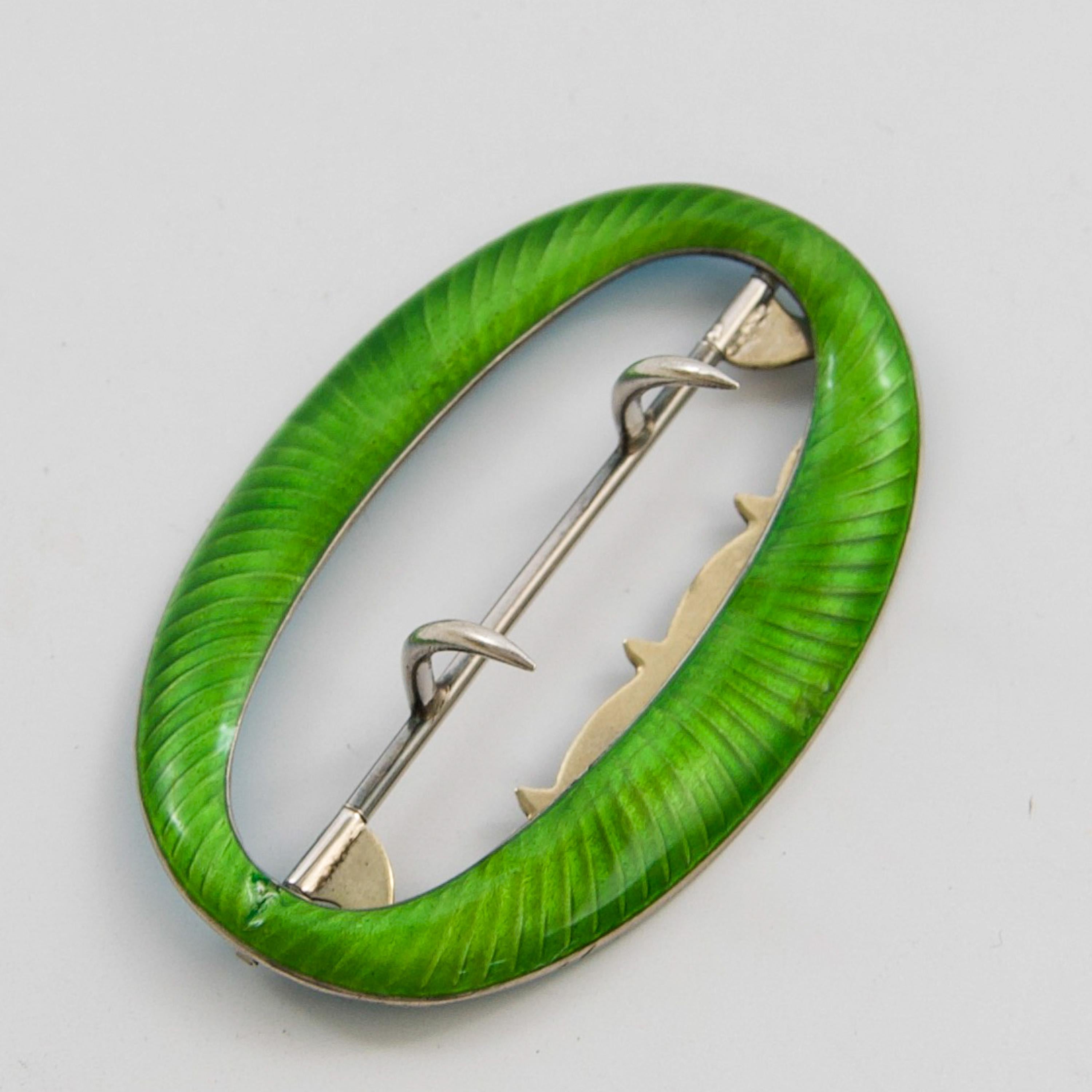 Women's or Men's Antique Edwardian Green Guilloché Enamel Sterling Silver Oval Belt Buckle For Sale