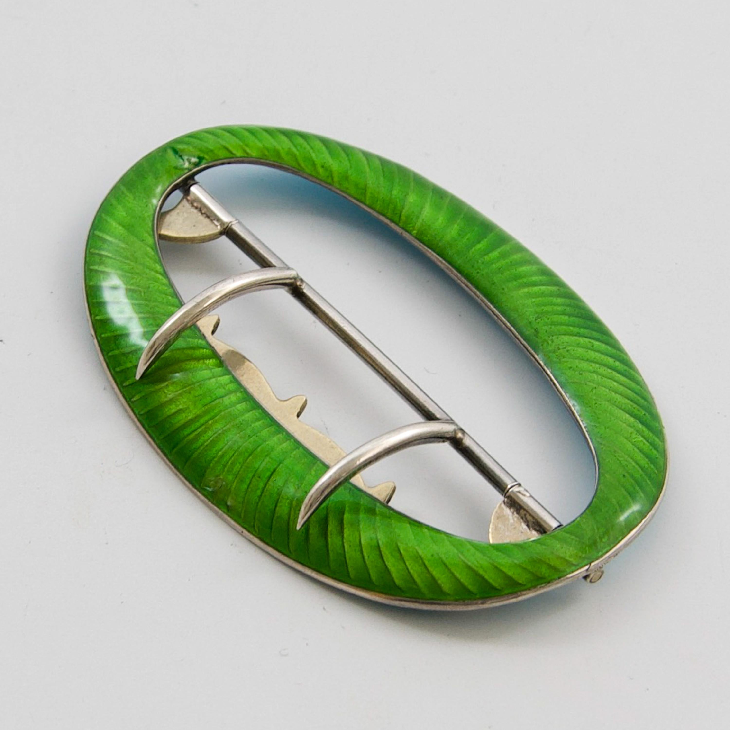 Antique Edwardian Green Guilloché Enamel Sterling Silver Oval Belt Buckle For Sale 3