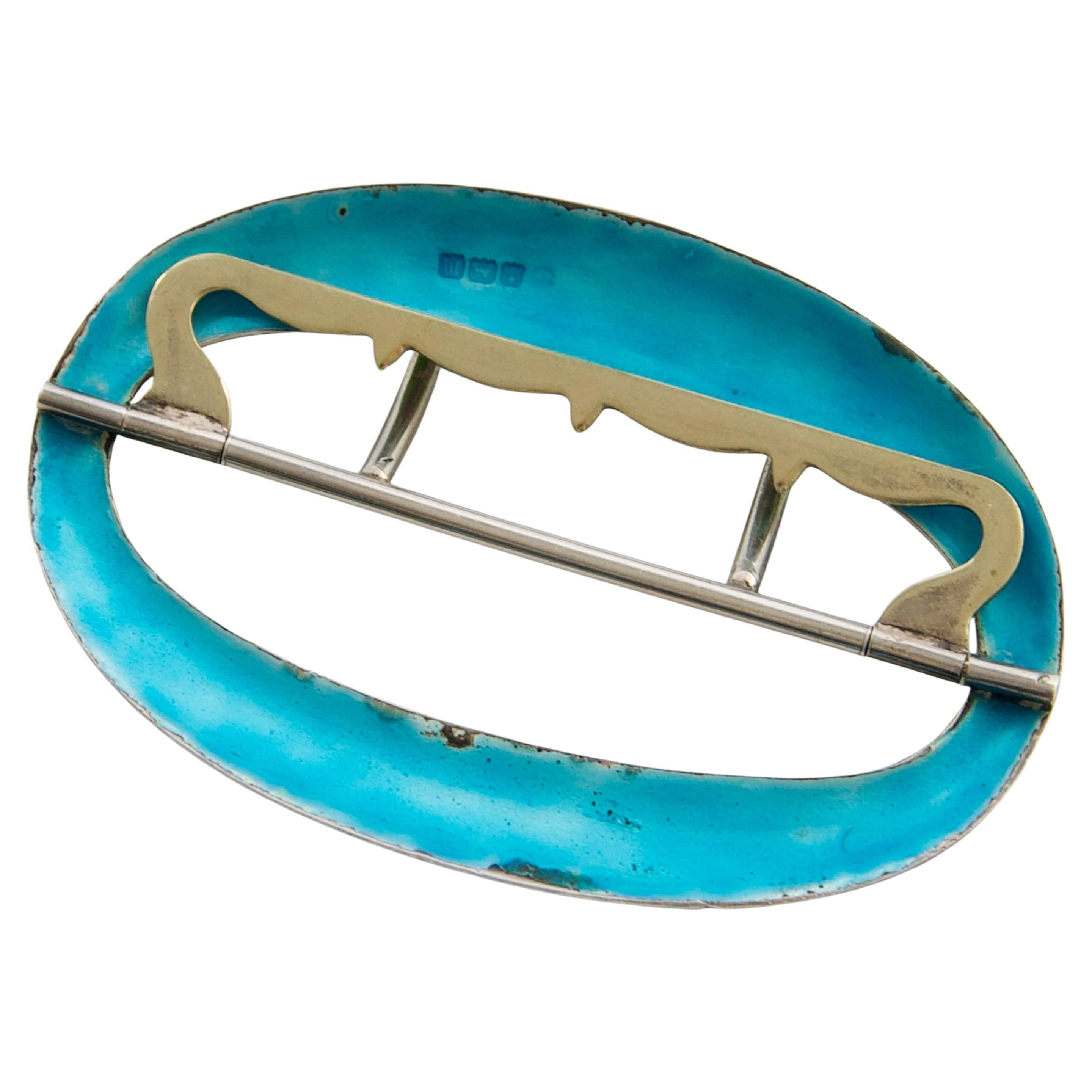 Antique Edwardian Green Guilloché Enamel Sterling Silver Oval Belt Buckle For Sale 4