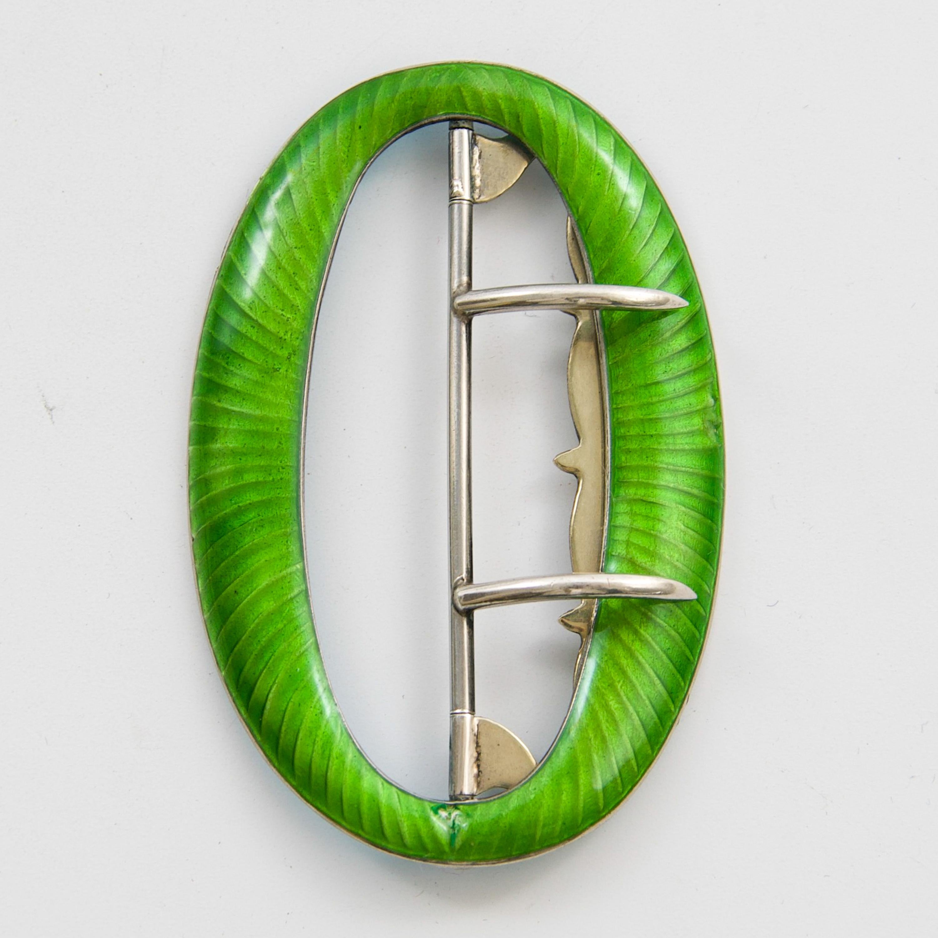 Antique Edwardian Green Guilloché Enamel Sterling Silver Oval Belt Buckle For Sale