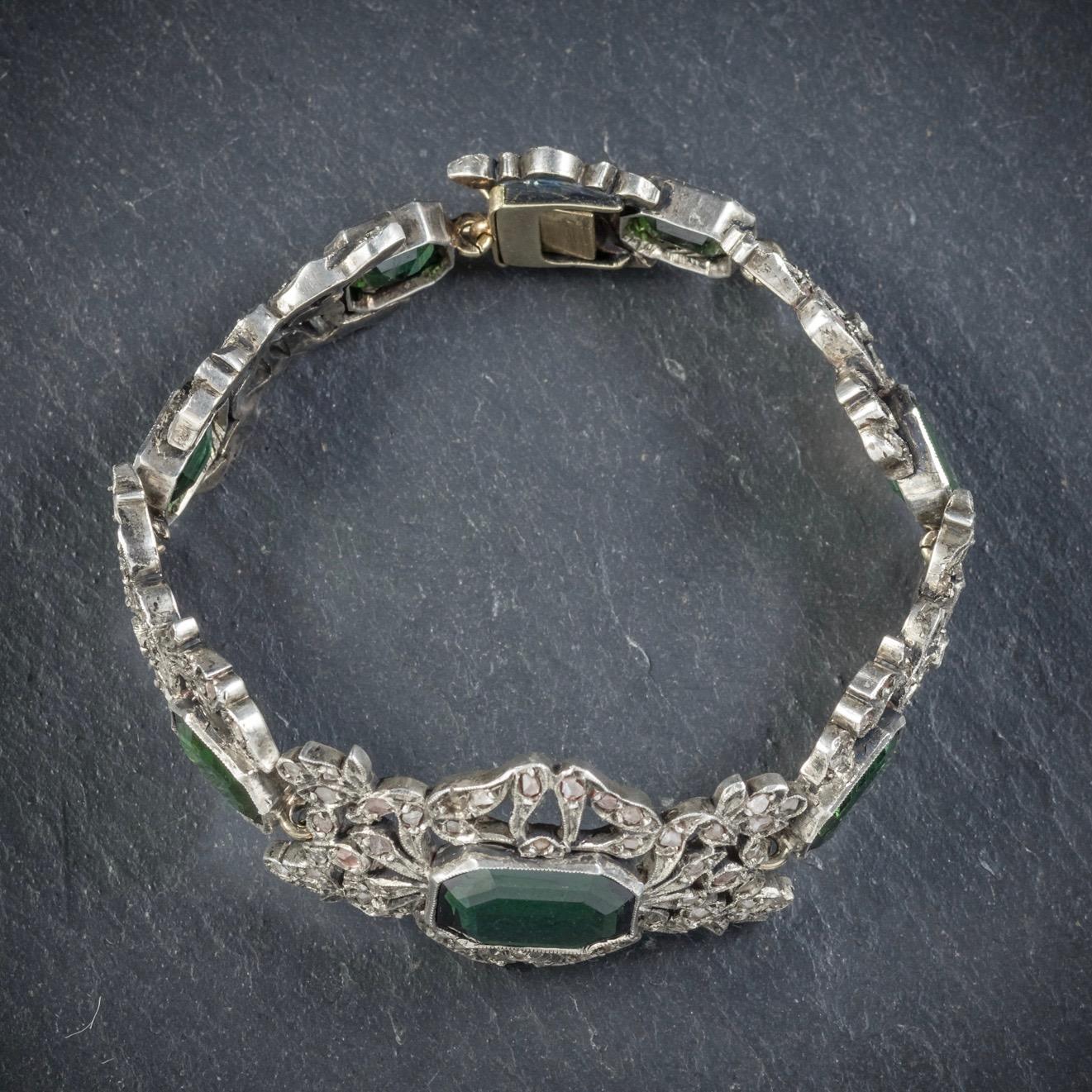 Women's Antique Edwardian Green Tourmaline Diamond Silver circa 1910 Bracelet For Sale