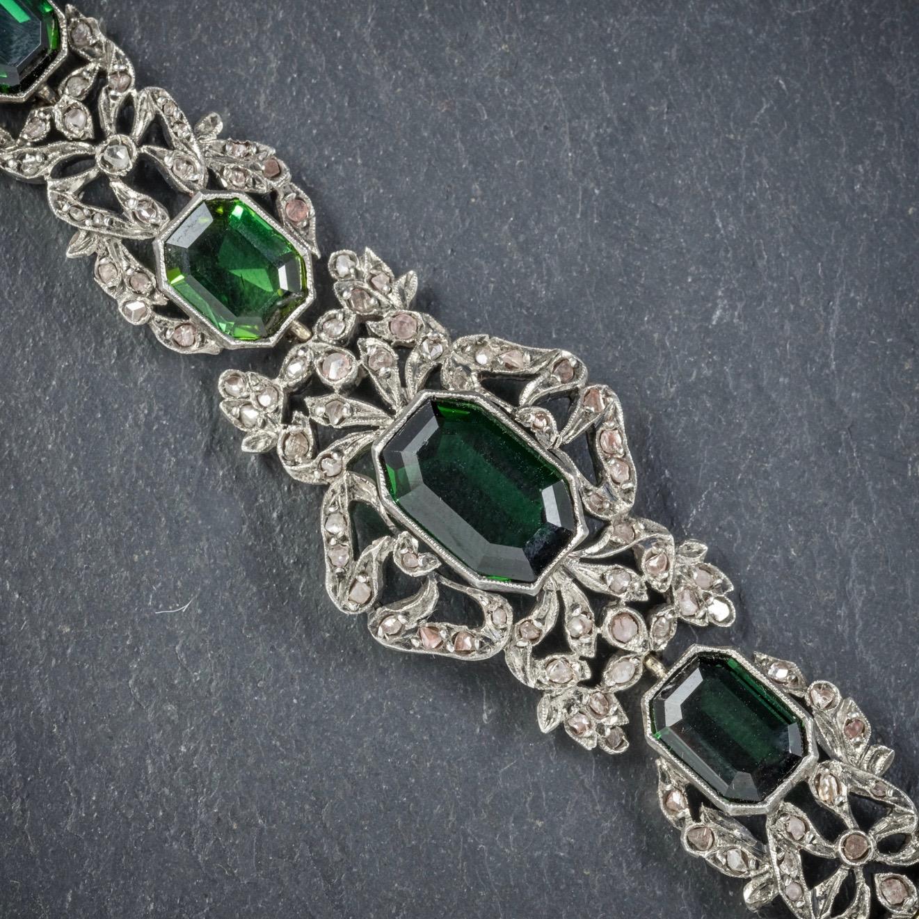 Antique Edwardian Green Tourmaline Diamond Silver circa 1910 Bracelet For Sale 1