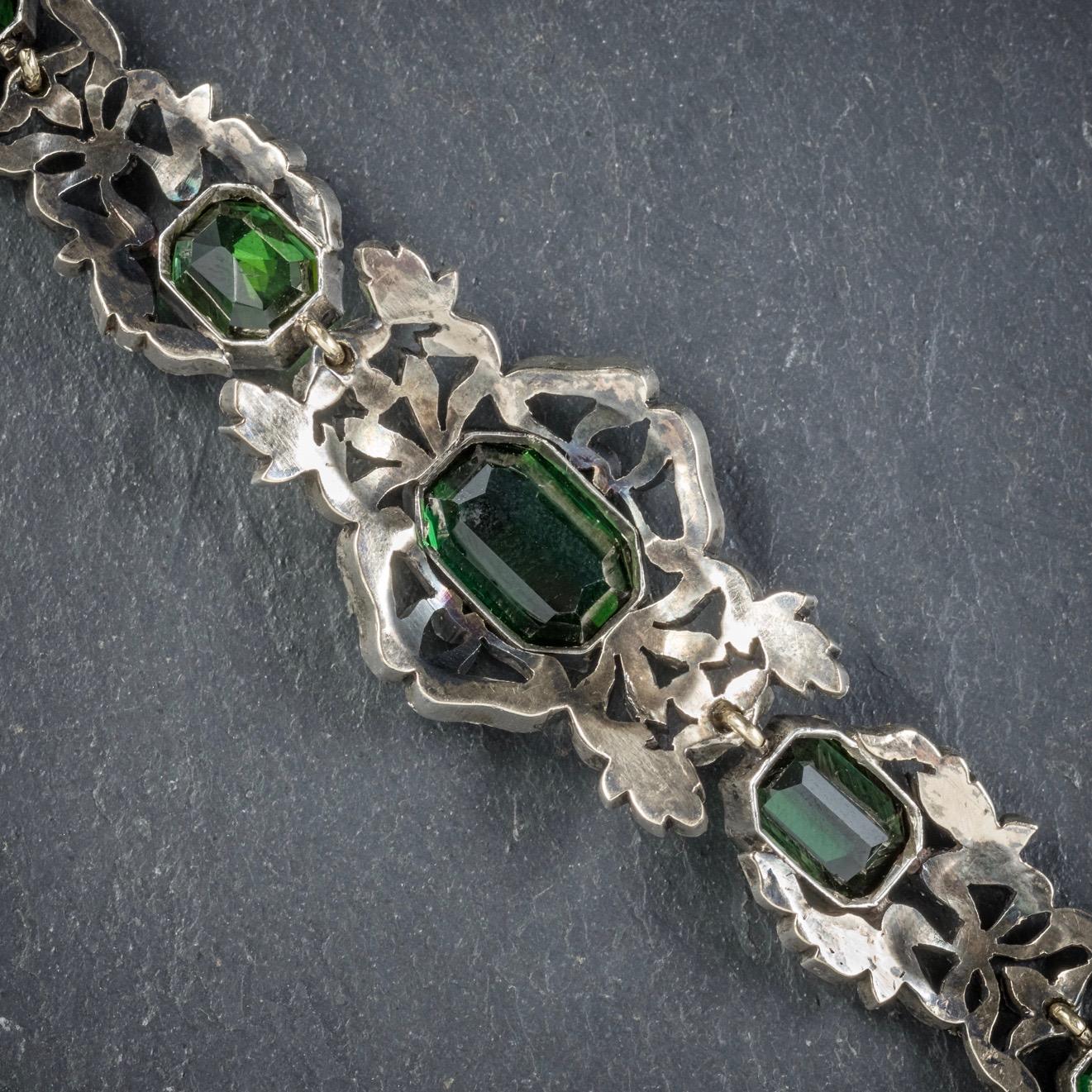 Antique Edwardian Green Tourmaline Diamond Silver circa 1910 Bracelet For Sale 2