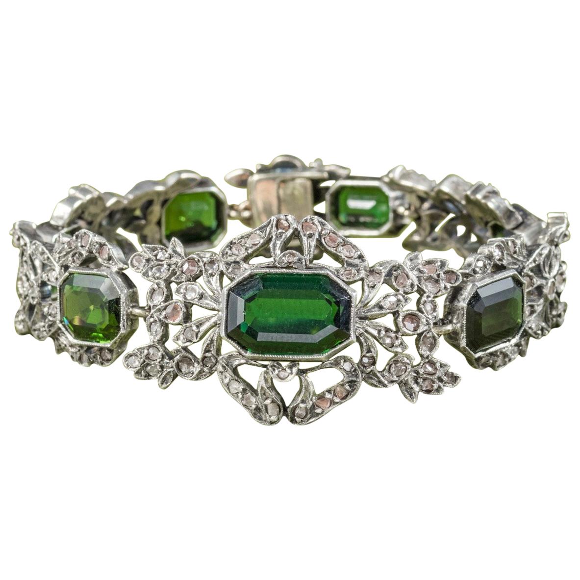 Antique Edwardian Green Tourmaline Diamond Silver circa 1910 Bracelet For Sale