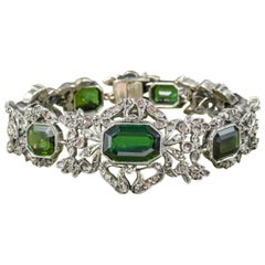 Antique Edwardian Green Tourmaline Diamond Silver circa 1910 Bracelet