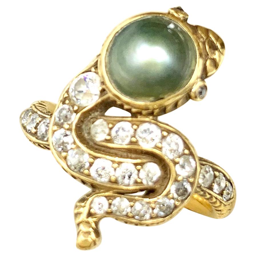 Antique Edwardian Grey Pearl Diamond 18 Karat Yellow Gold Snake Ring