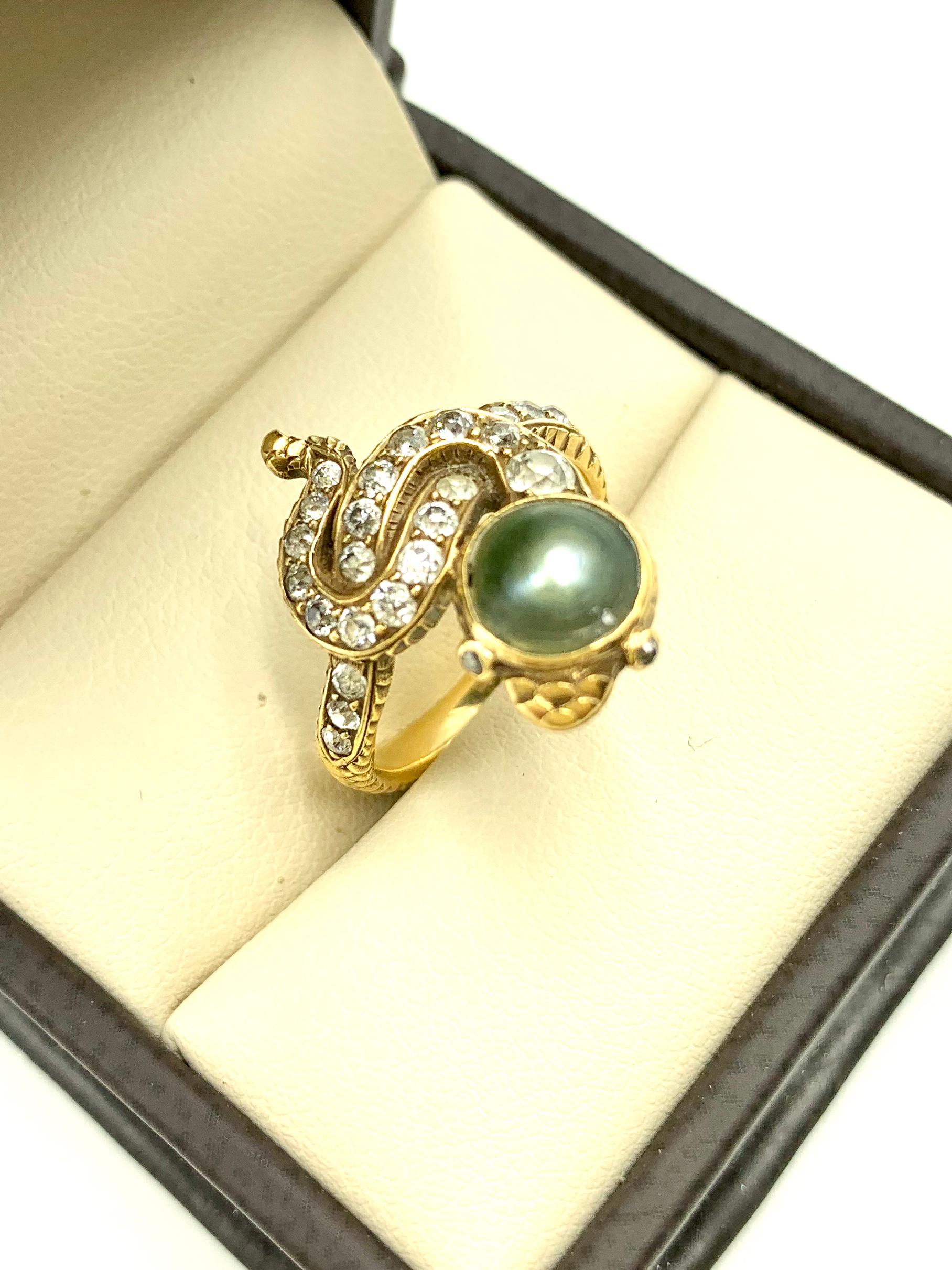 Round Cut Antique Edwardian Natural Pearl Diamond 18K Yellow Gold Snake Ring For Sale