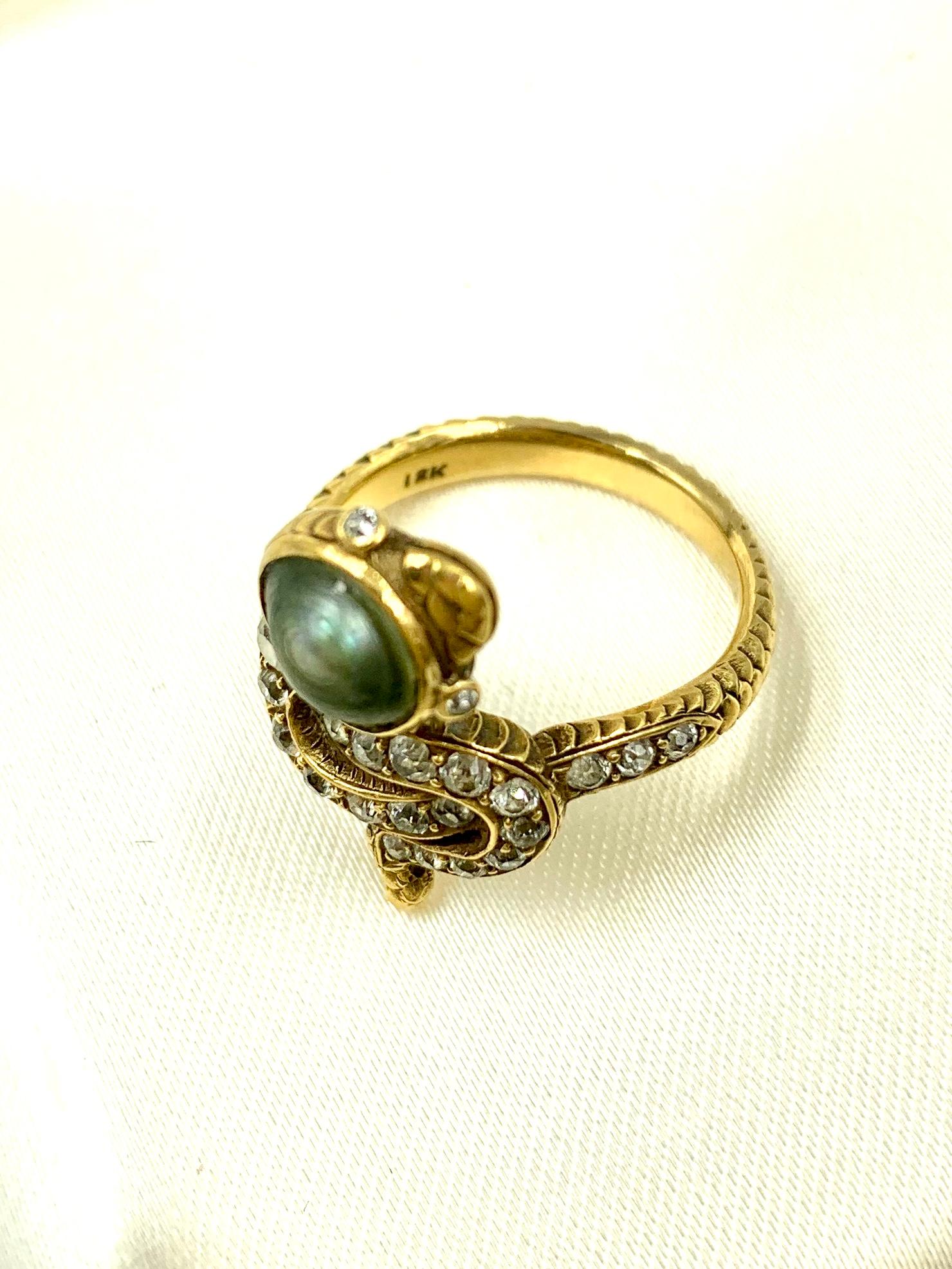 Antique Edwardian Natural Pearl Diamond 18K Yellow Gold Snake Ring In Good Condition For Sale In New York, NY
