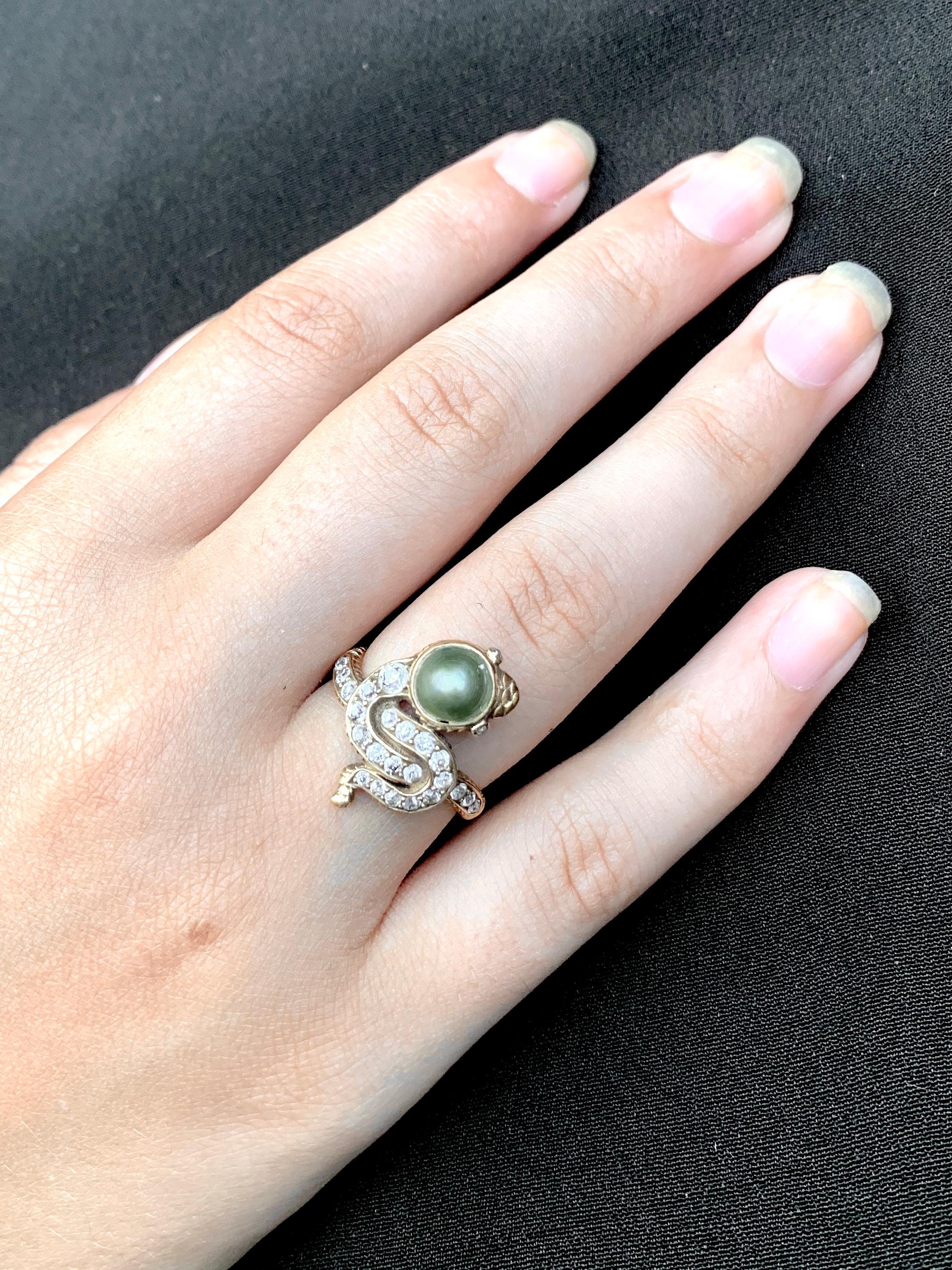 Antique Edwardian Natural Pearl Diamond 18K Yellow Gold Snake Ring For Sale 1