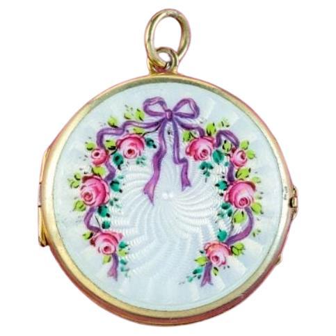 Ancien médaillon floral en émail guilloché de style édouardien, circa 1901 - 1915 en vente