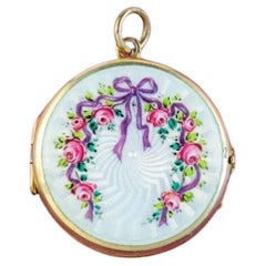 Ancien médaillon floral en émail guilloché de style édouardien, circa 1901 - 1915