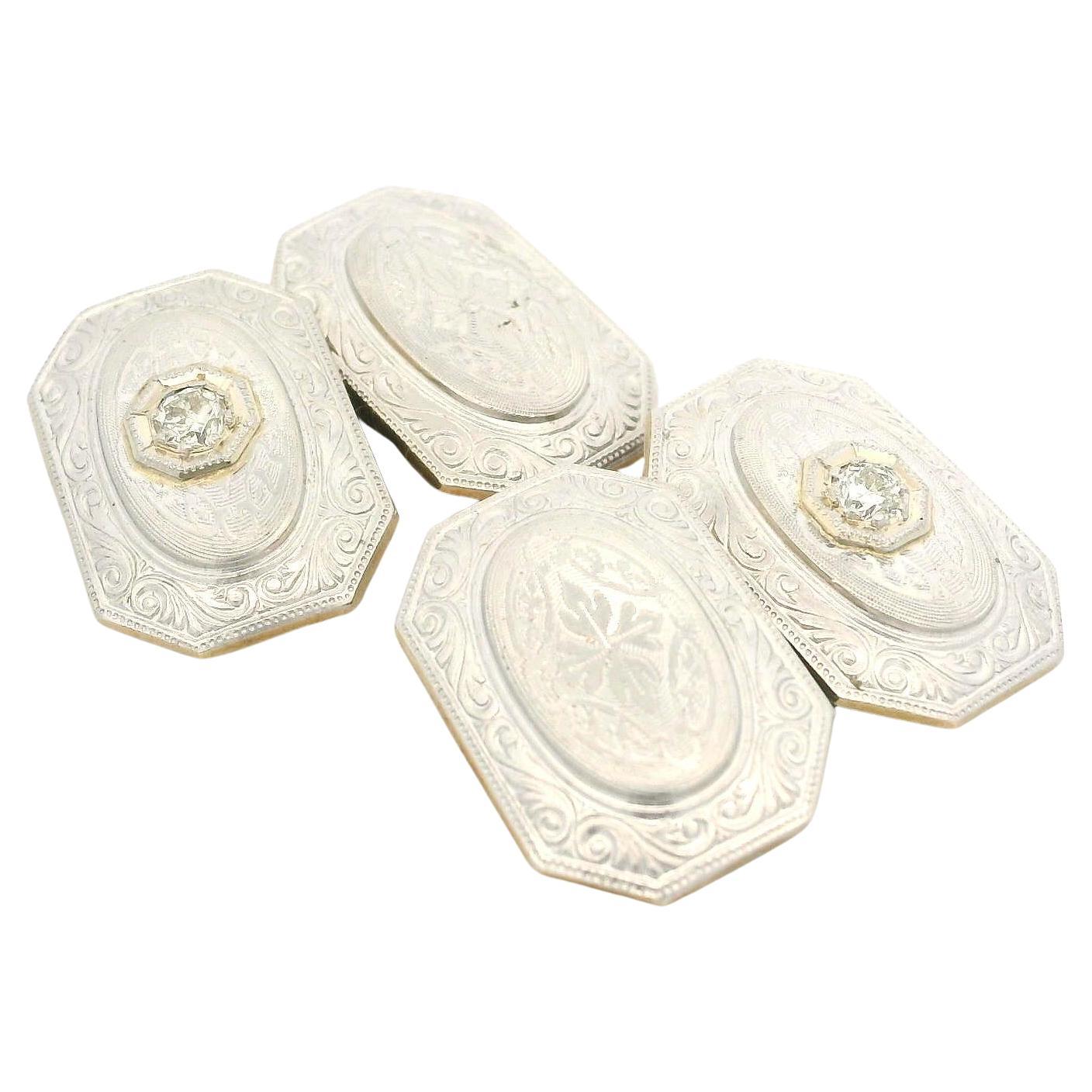 Boutons de manchette anciens de style édouardien en or guilloché, platine et diamant gravés à la main