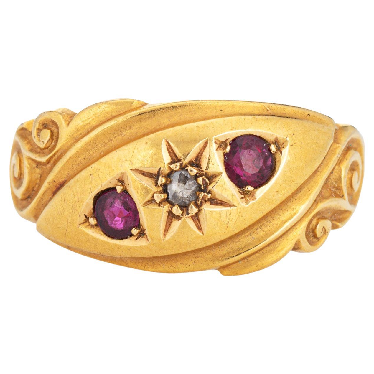 Antique Edwardian Band Diamond Ruby 18k Yellow Gold Chester Ring