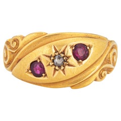 Antique Edwardian Band Diamond Ruby 18k Yellow Gold Chester Ring