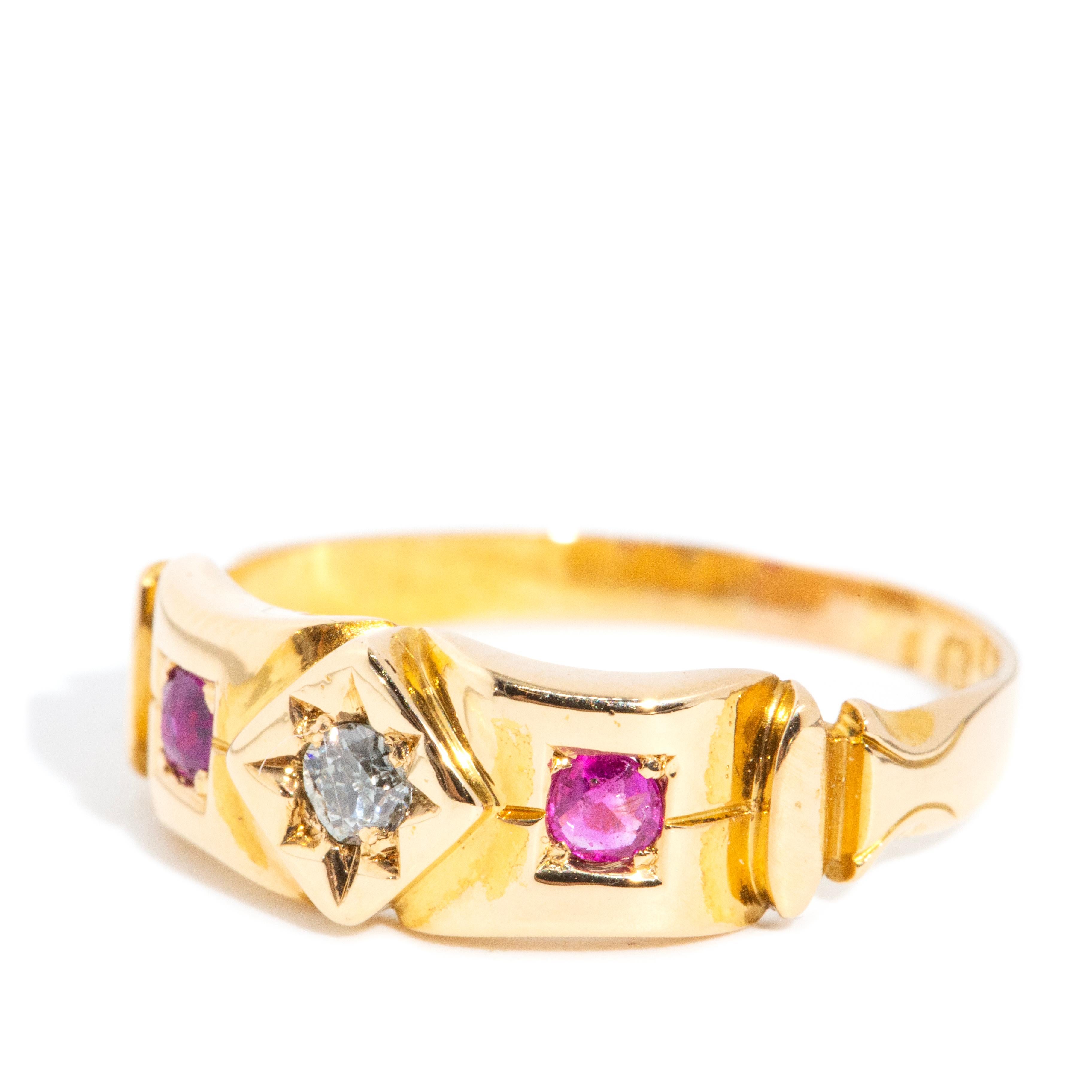 Antique Edwardian Hallmarked Old European Cut Diamond & Ruby Band 20 Carat Gold In Good Condition For Sale In Hamilton, AU