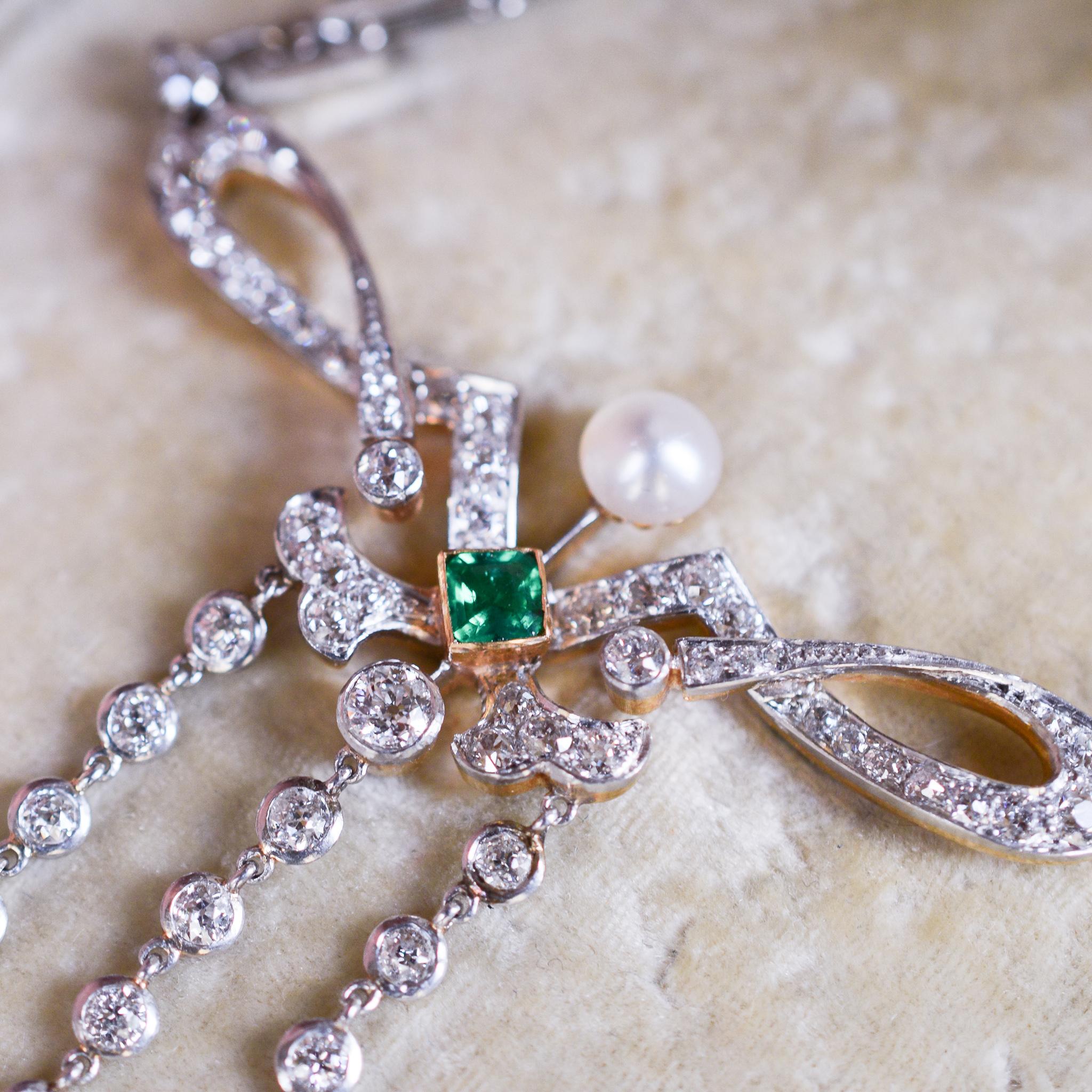 Women's Antique Edwardian Hancocks & Co. London Emerald Diamond Chandelier Necklace