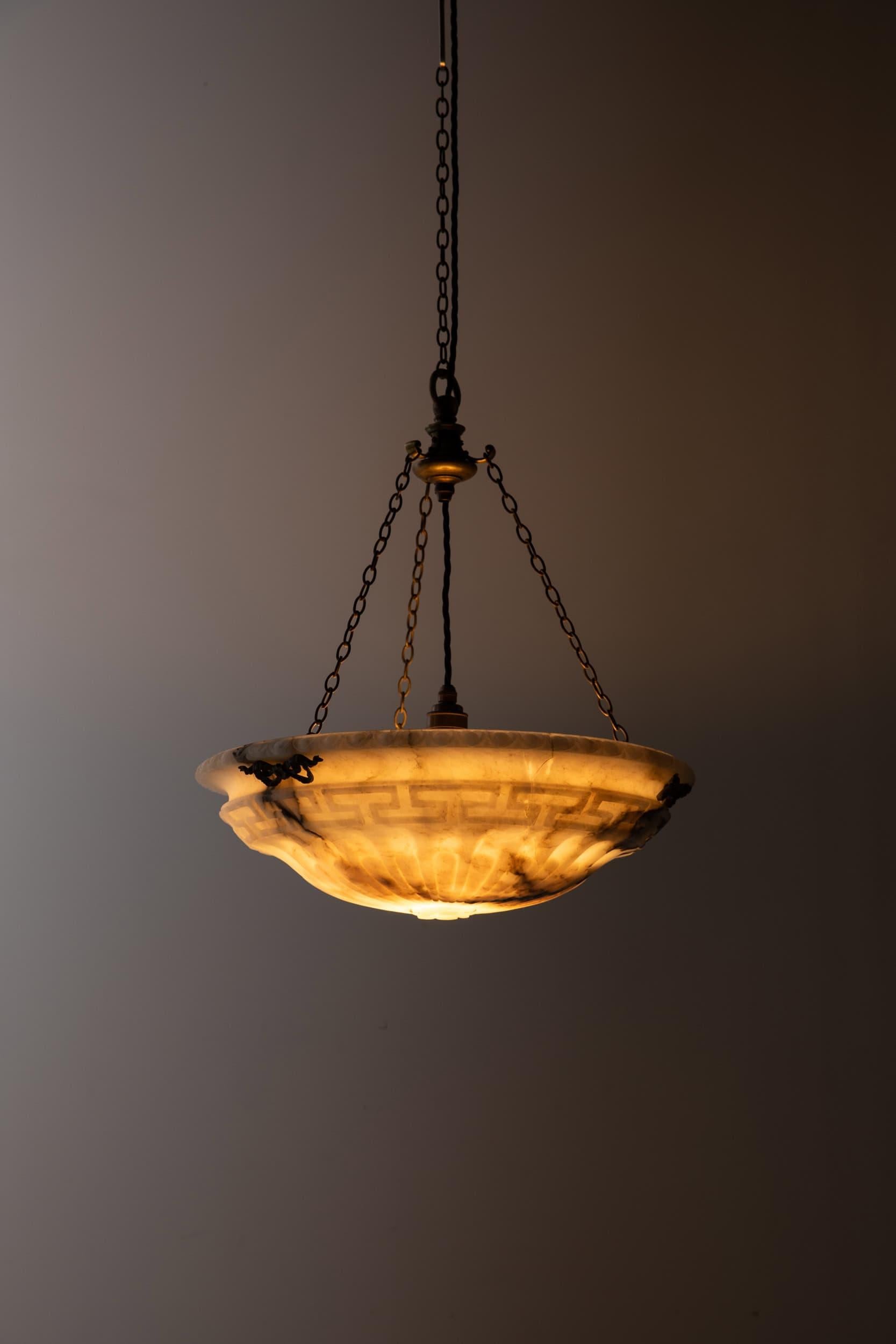 Brass Antique Edwardian Hand Carved Alabaster Plafonnier Ceiling Light Pendant, C.1900 For Sale