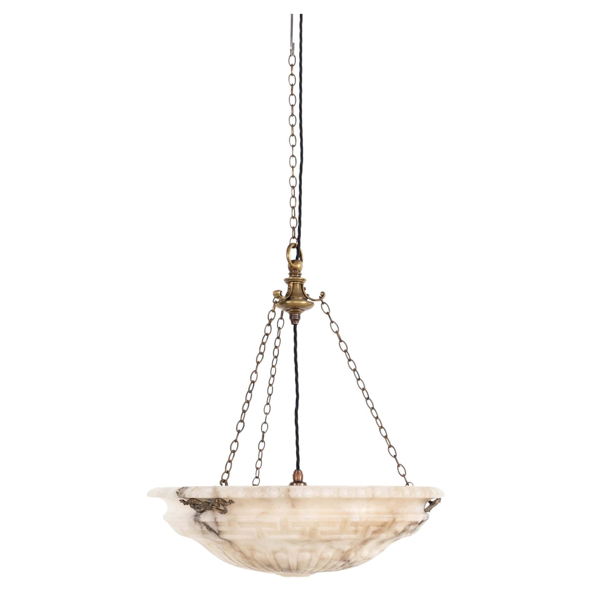 Antique Edwardian Hand Carved Alabaster Plafonnier Ceiling Light Pendant, C.1900 For Sale