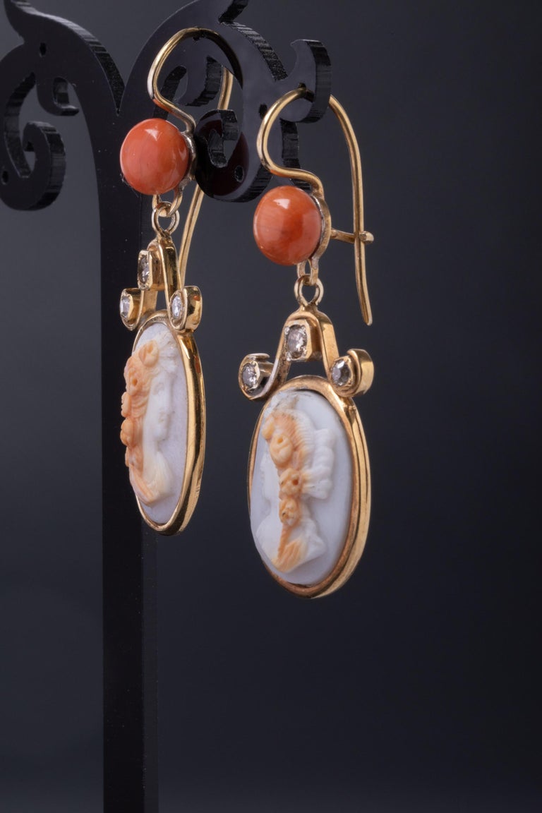 Round Cut Antique Edwardian Hard Stone Cameo Earrings, Antique Coral and Diamond Earrings For Sale