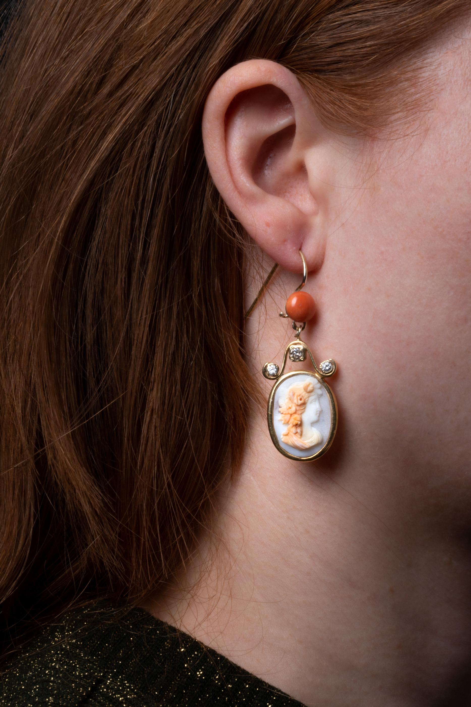 Round Cut Antique Edwardian Hard Stone Cameo Earrings, Antique Coral and Diamond Earrings