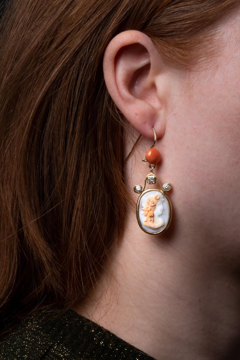 Antique Edwardian Hard Stone Cameo Earrings, Antique Coral and Diamond Earrings For Sale 1