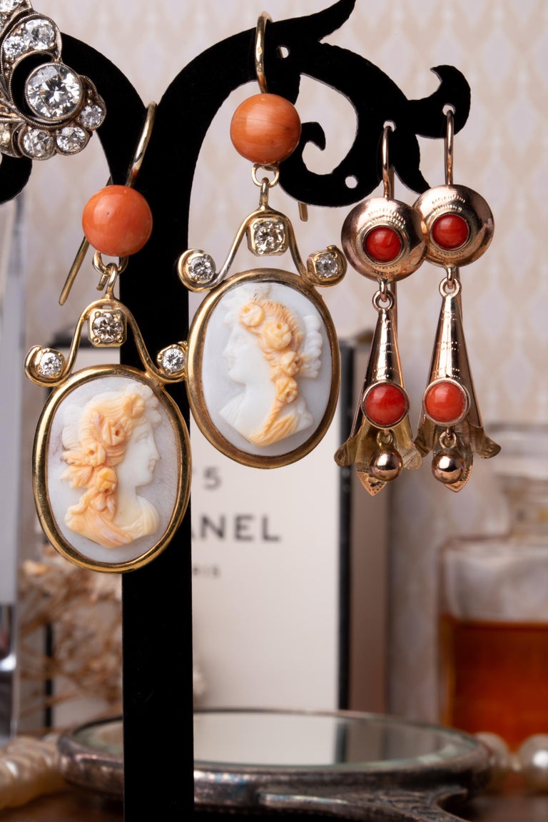 Antique Edwardian Hard Stone Cameo Earrings, Antique Coral and Diamond Earrings For Sale 2