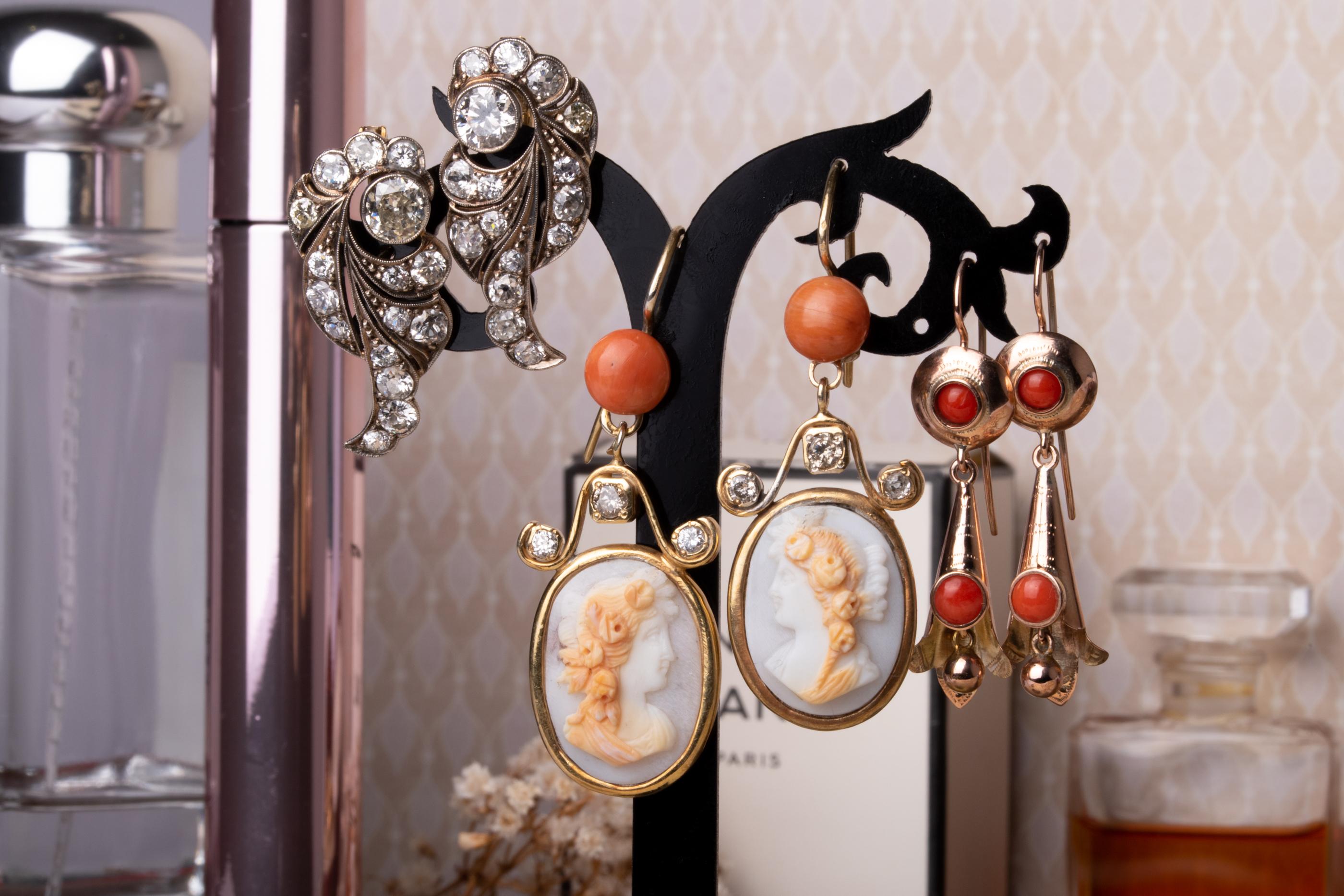 Women's Antique Edwardian Hard Stone Cameo Earrings, Antique Coral and Diamond Earrings
