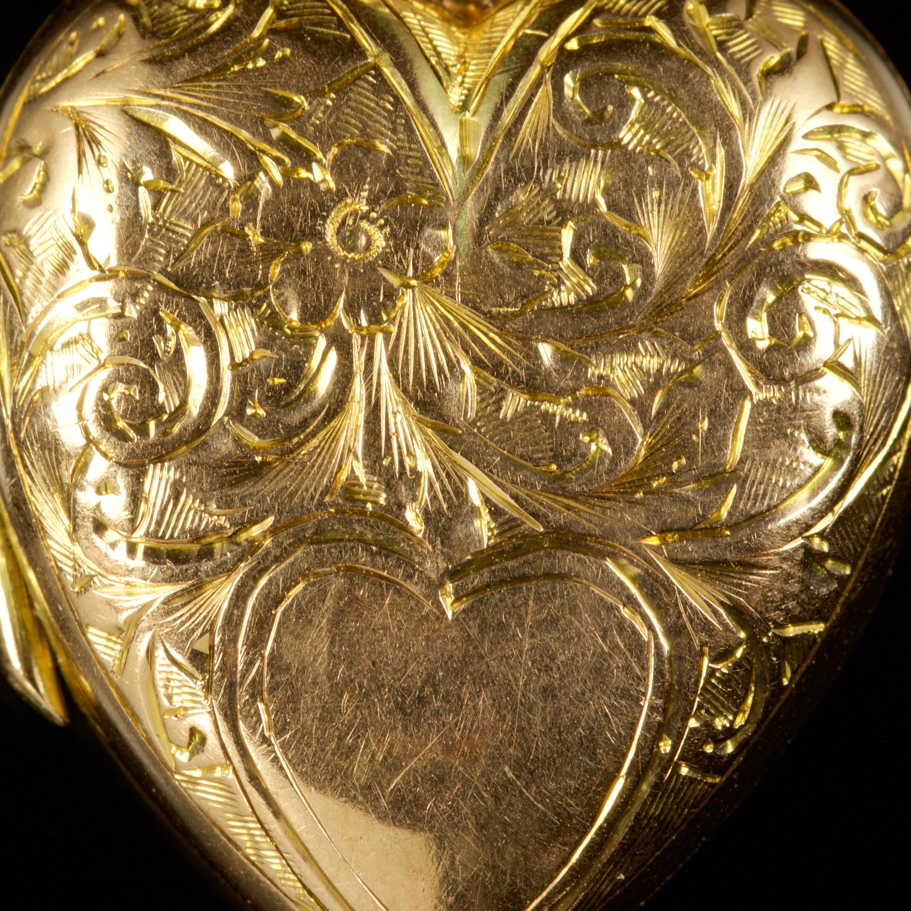 This fabulous Edwardian heart locket is set in 9ct Gold, dated 1904.

The front and back of the locket is beautifully engraved, showing fabulous craftsmanship of it’s time.

The locket will hold two images so you can add your own history. 

On the