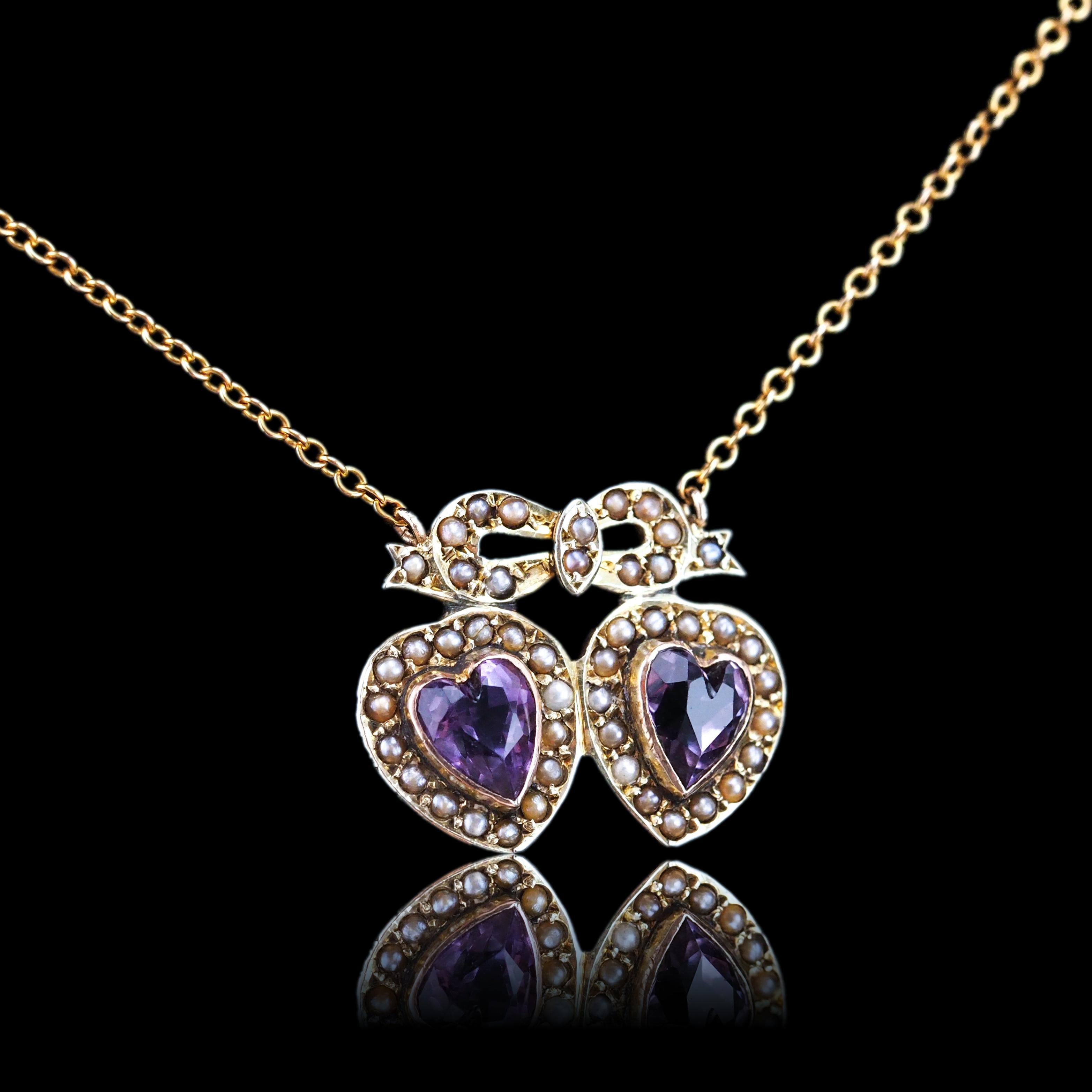 Antique Edwardian Heart Necklace Amethyst & Seed Pearl 9K Gold - c.1910 For Sale 5