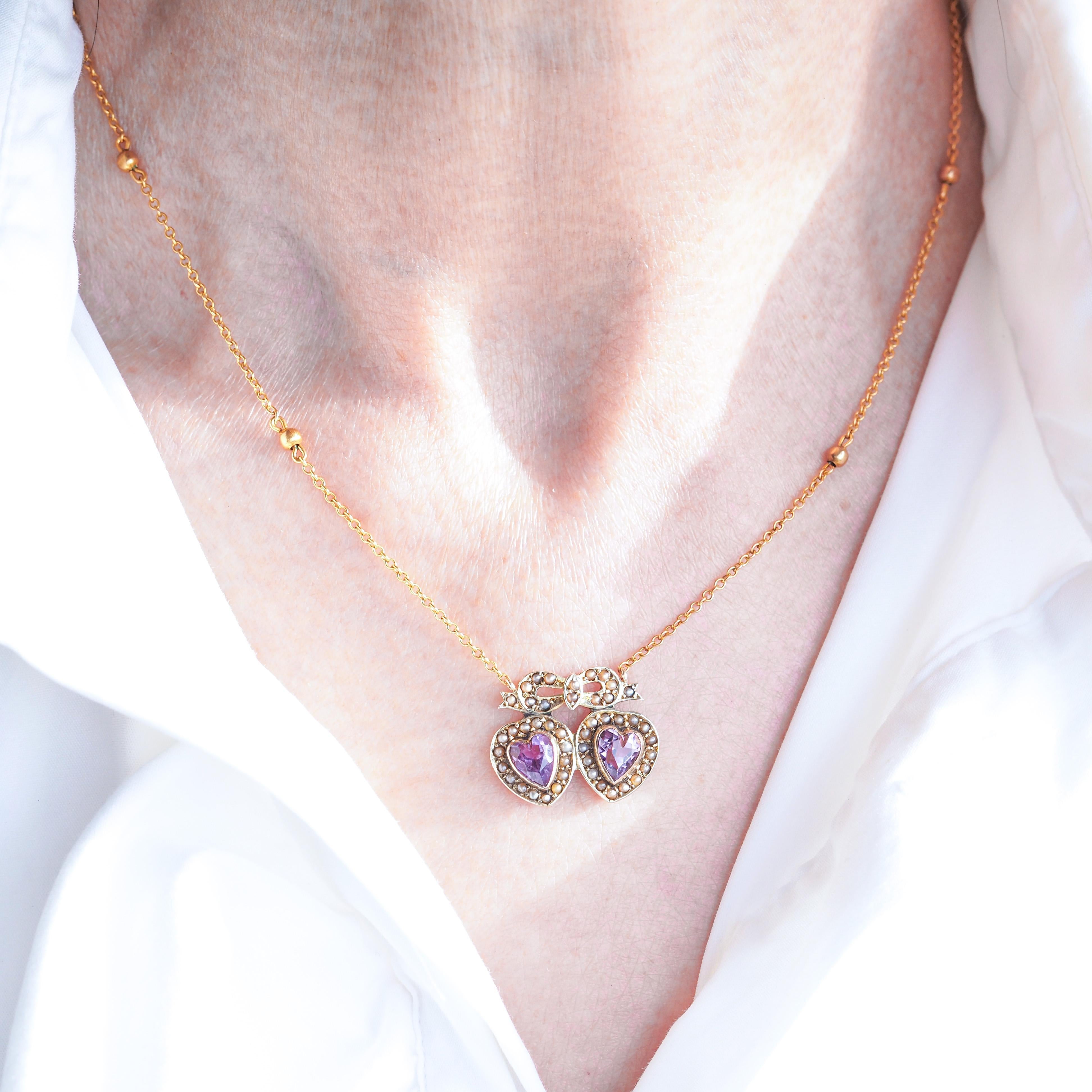 Antique Edwardian Heart Necklace Amethyst & Seed Pearl 9K Gold - c.1910 For Sale 6