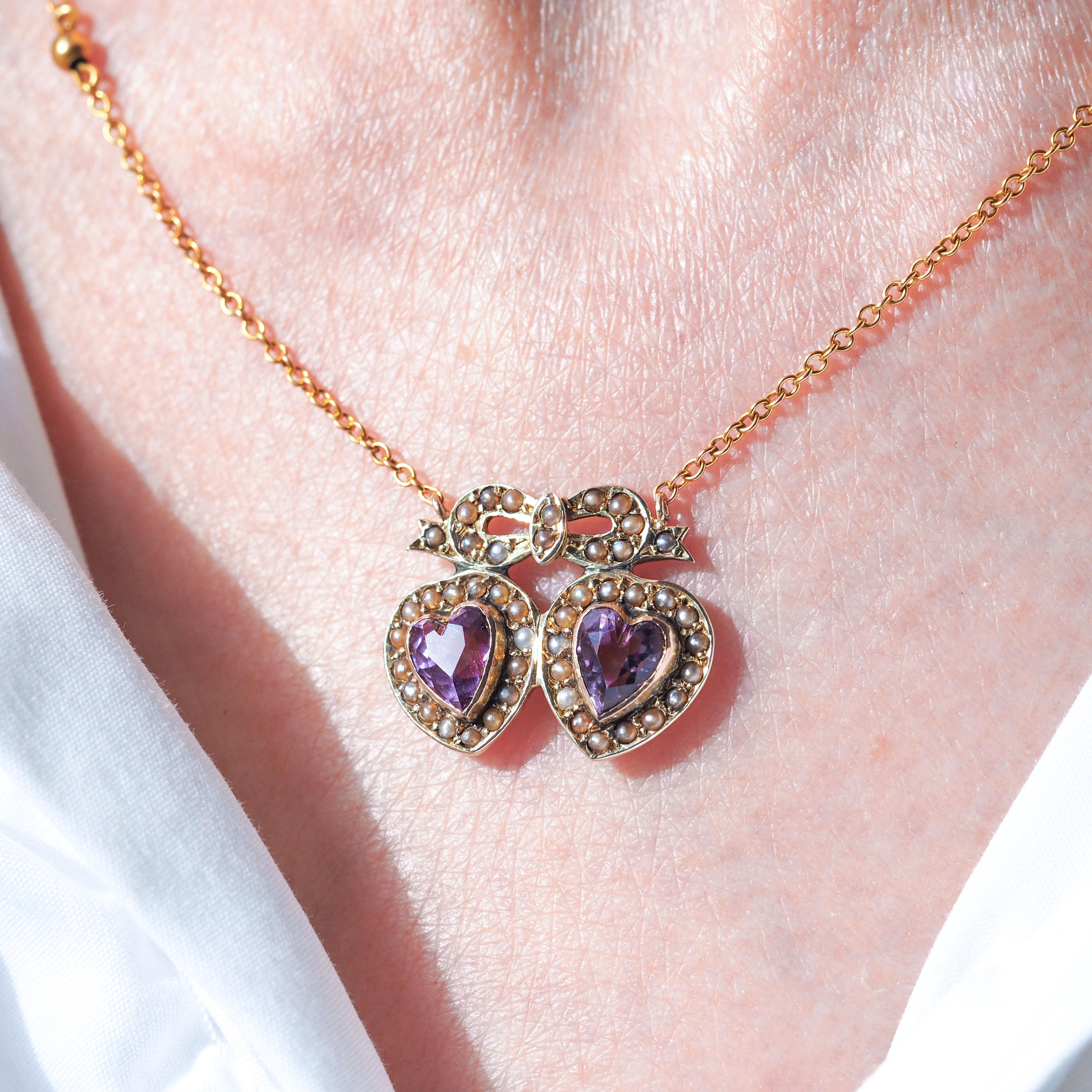 Antique Edwardian Heart Necklace Amethyst & Seed Pearl 9K Gold - c.1910 For Sale 7