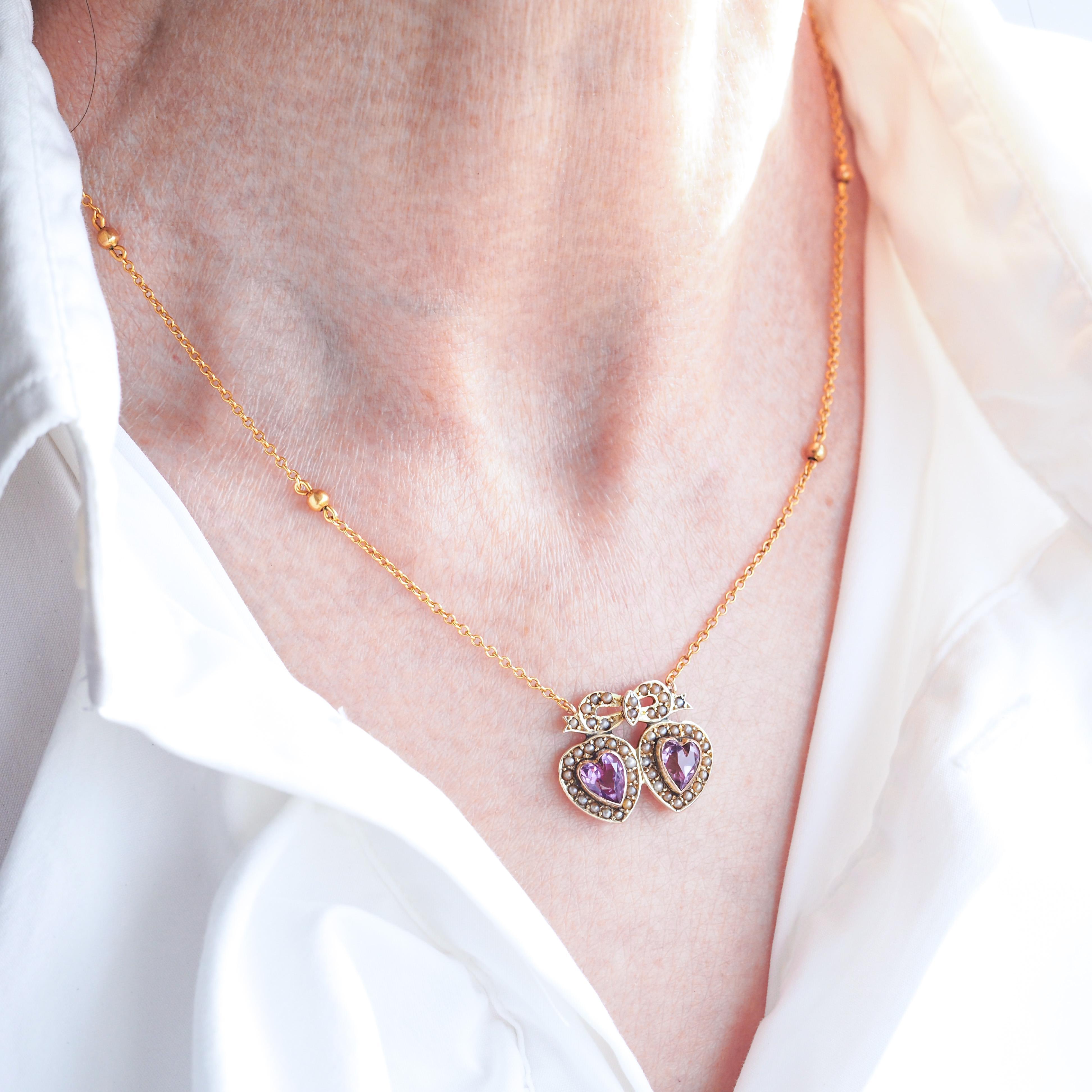 Antique Edwardian Heart Necklace Amethyst & Seed Pearl 9K Gold - c.1910 For Sale 8