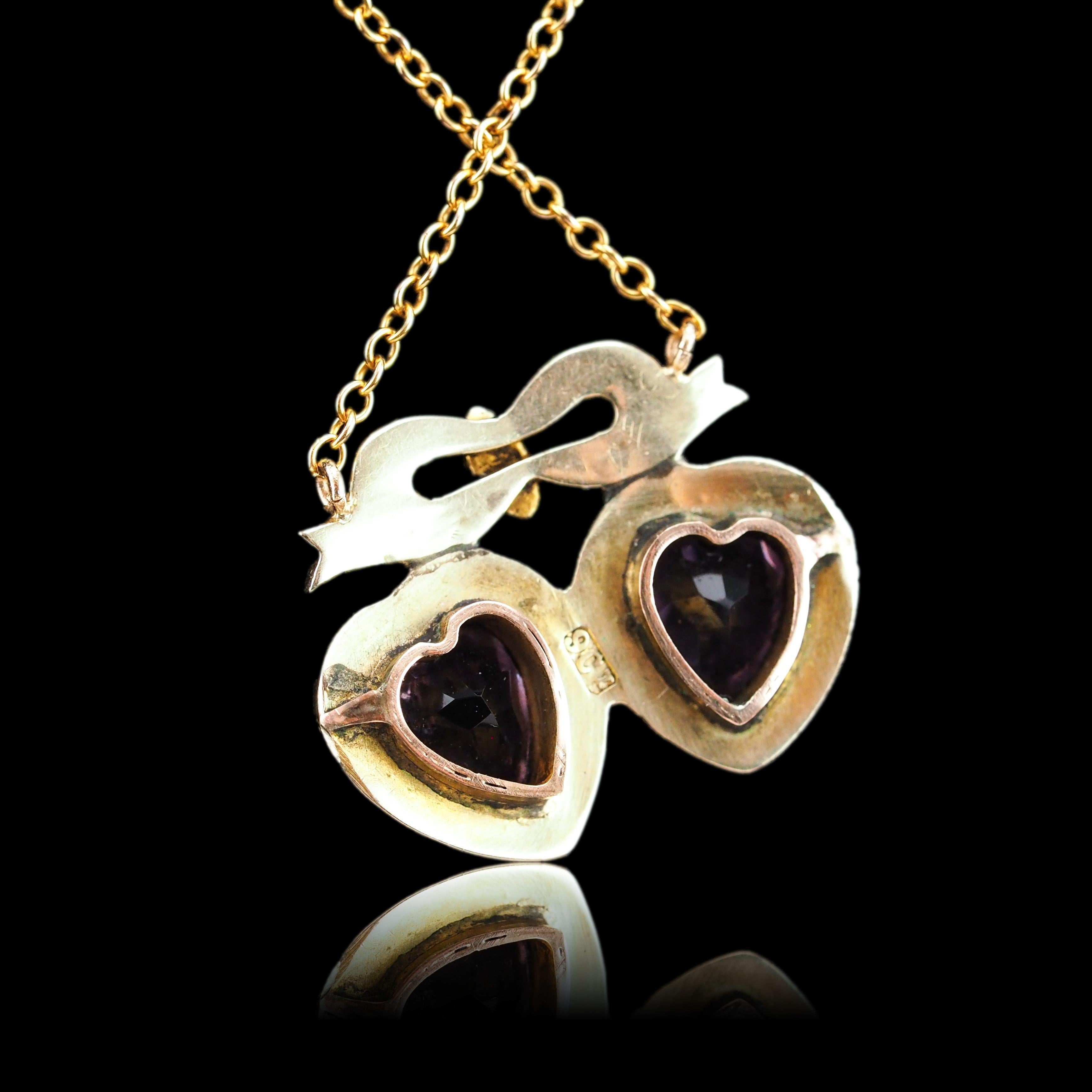 Antique Edwardian Heart Necklace Amethyst & Seed Pearl 9K Gold - c.1910 For Sale 9