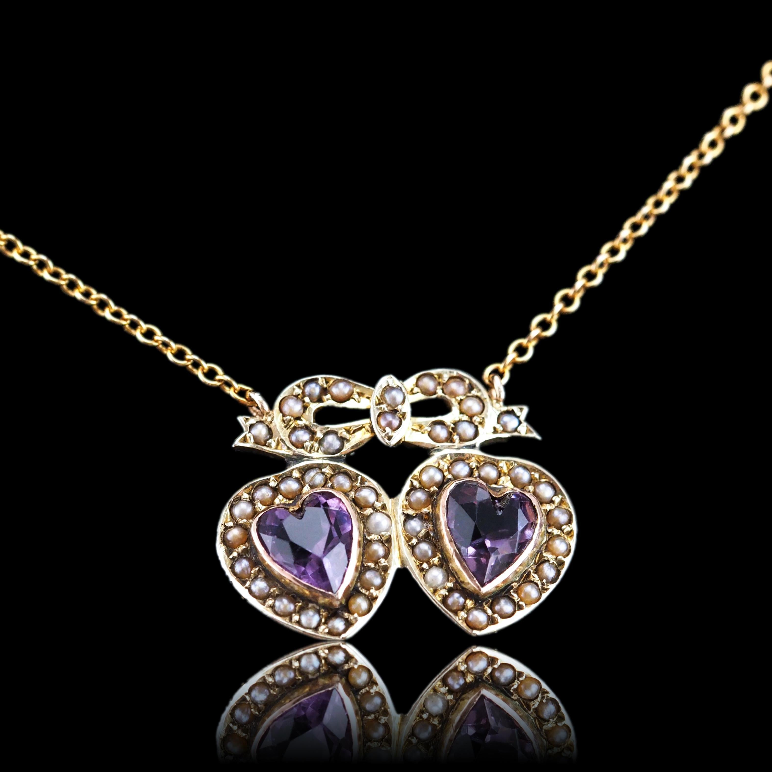 Antique Edwardian Heart Necklace Amethyst & Seed Pearl 9K Gold - c.1910 For Sale 10