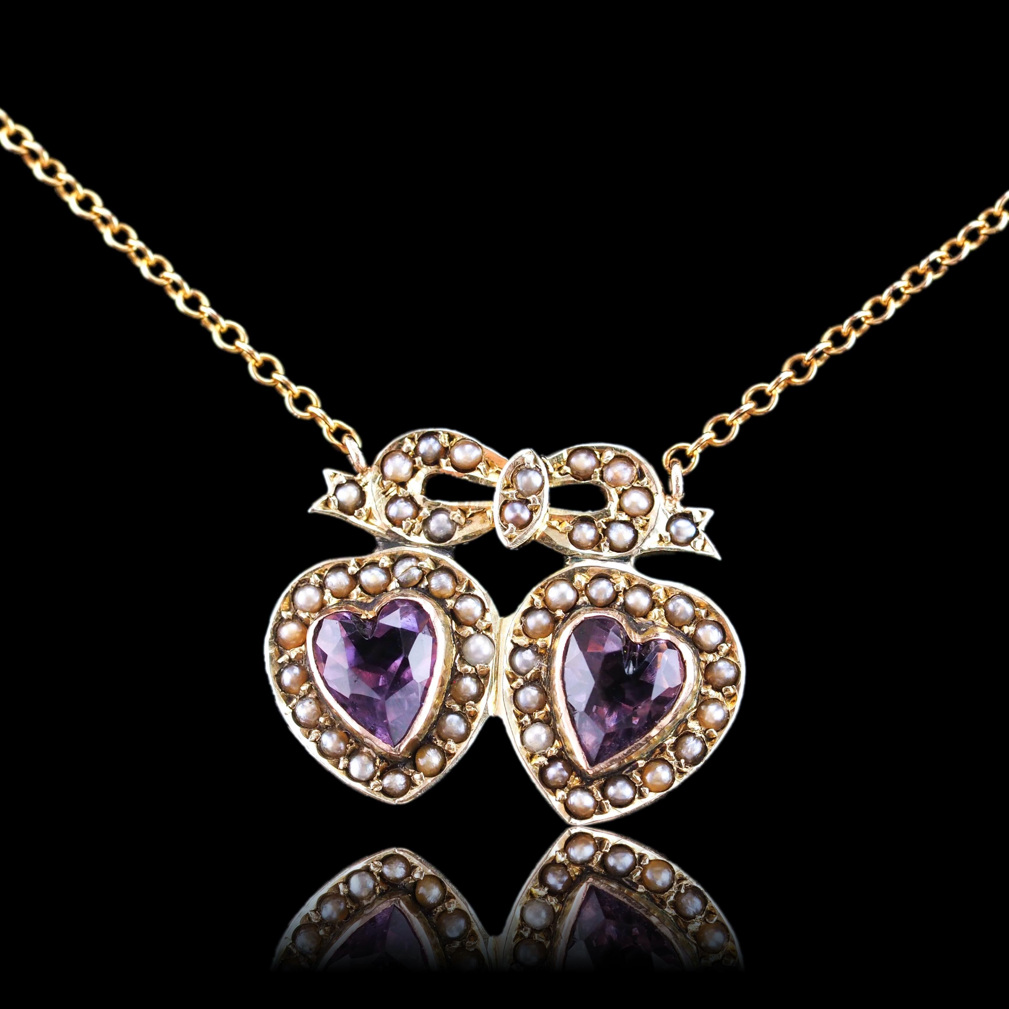 Antique Edwardian Heart Necklace Amethyst & Seed Pearl 9K Gold - c.1910 For Sale 11