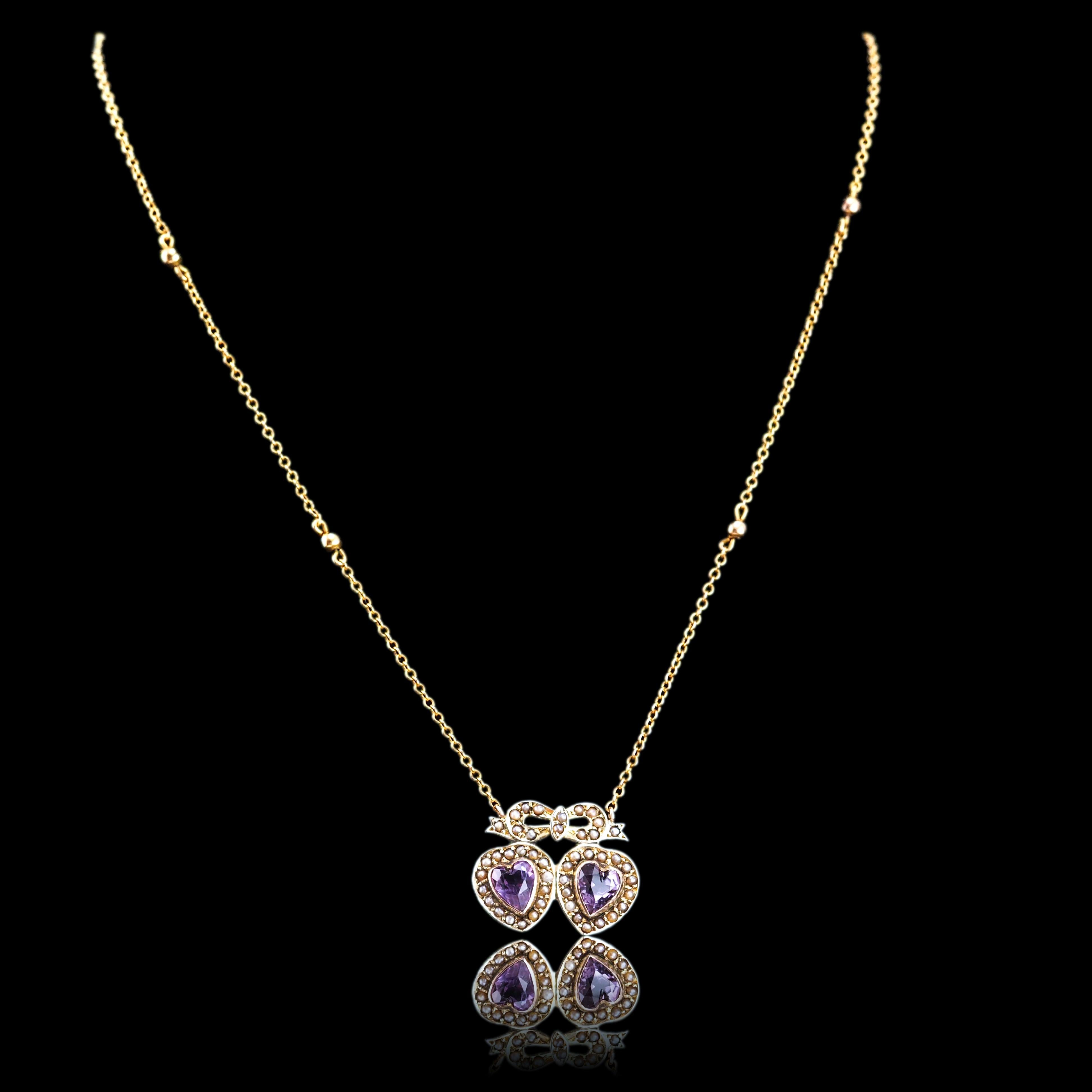 Heart Cut Antique Edwardian Heart Necklace Amethyst & Seed Pearl 9K Gold - c.1910 For Sale