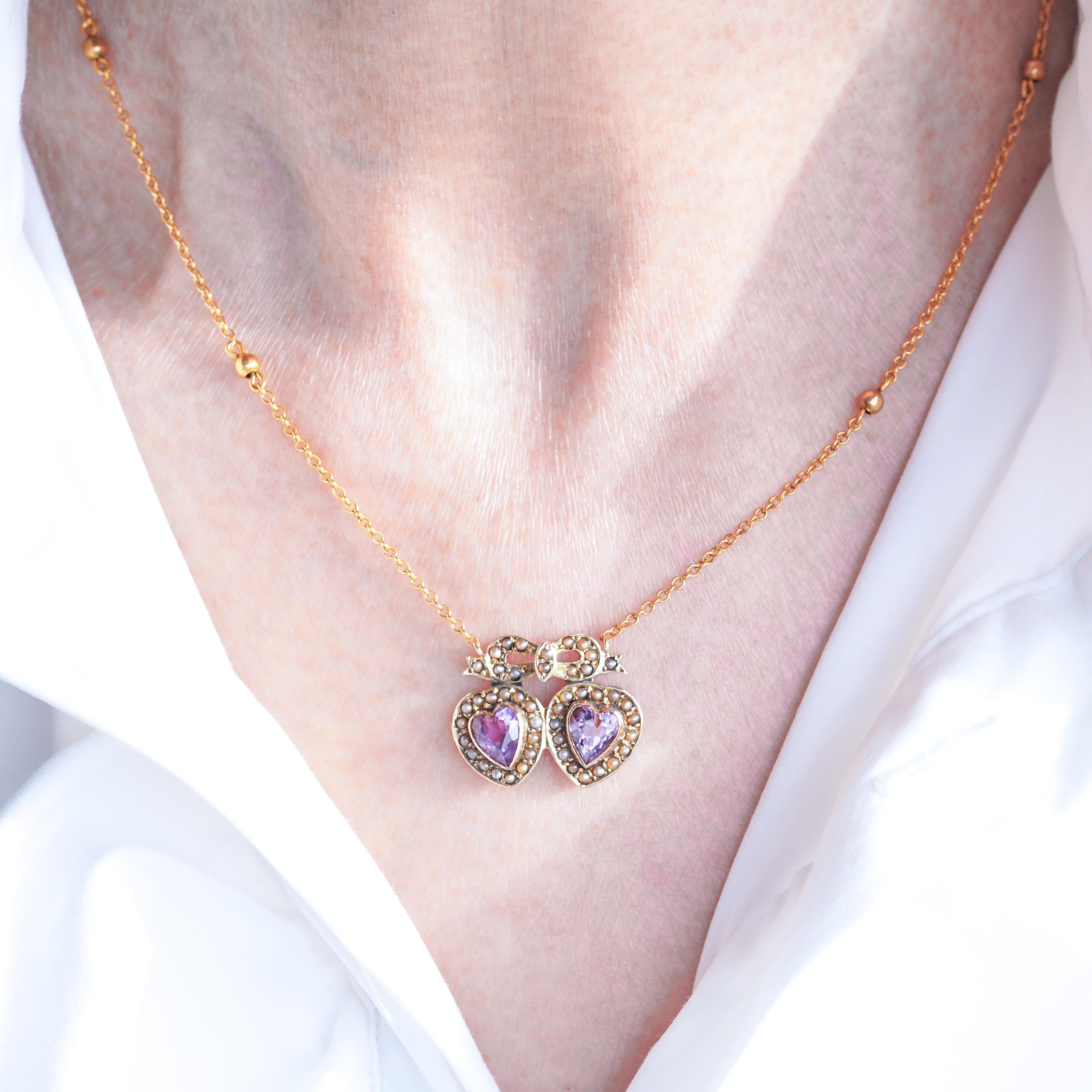 Antique Edwardian Heart Necklace Amethyst & Seed Pearl 9K Gold - c.1910 In Good Condition For Sale In London, GB