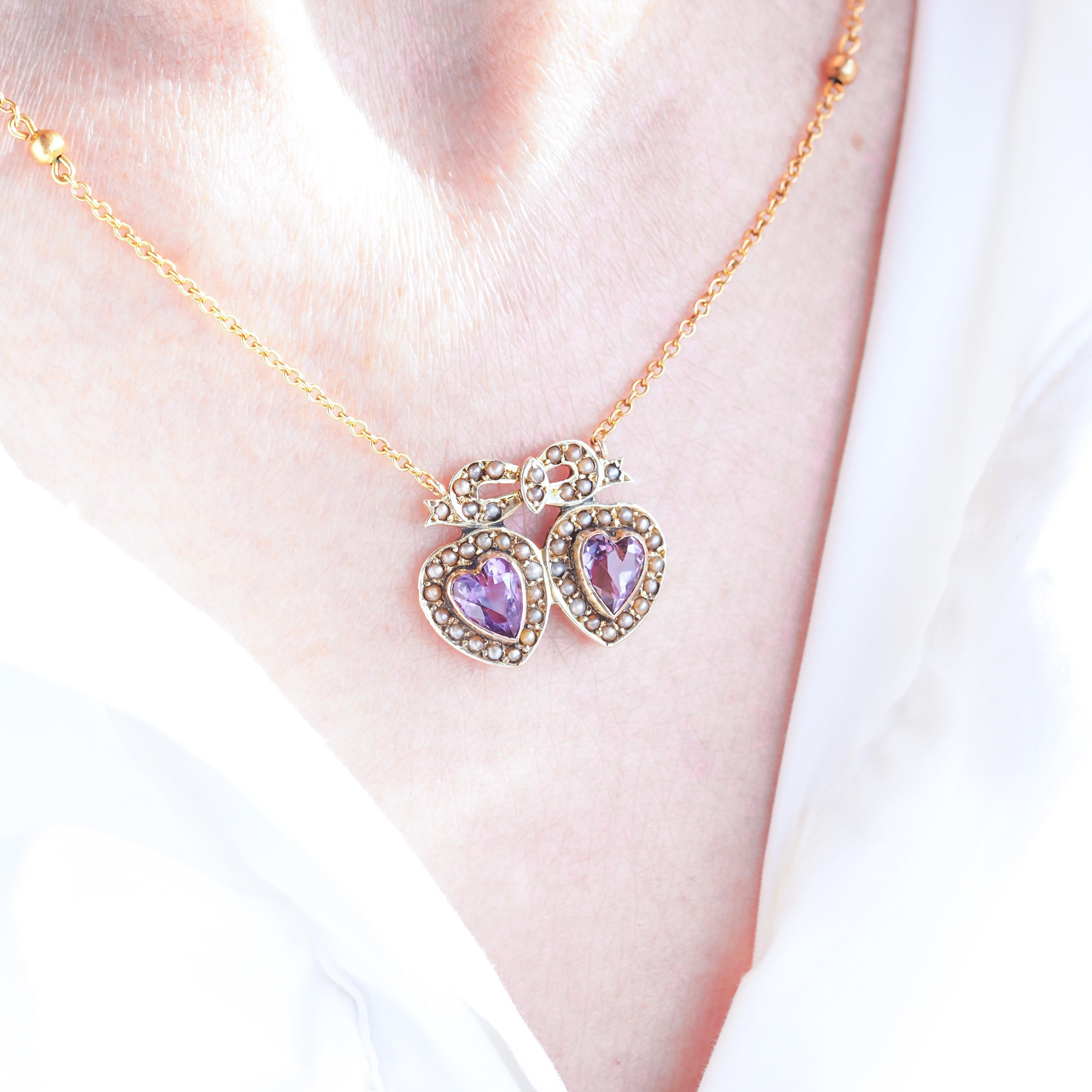 Women's Antique Edwardian Heart Necklace Amethyst & Seed Pearl 9K Gold - c.1910 For Sale