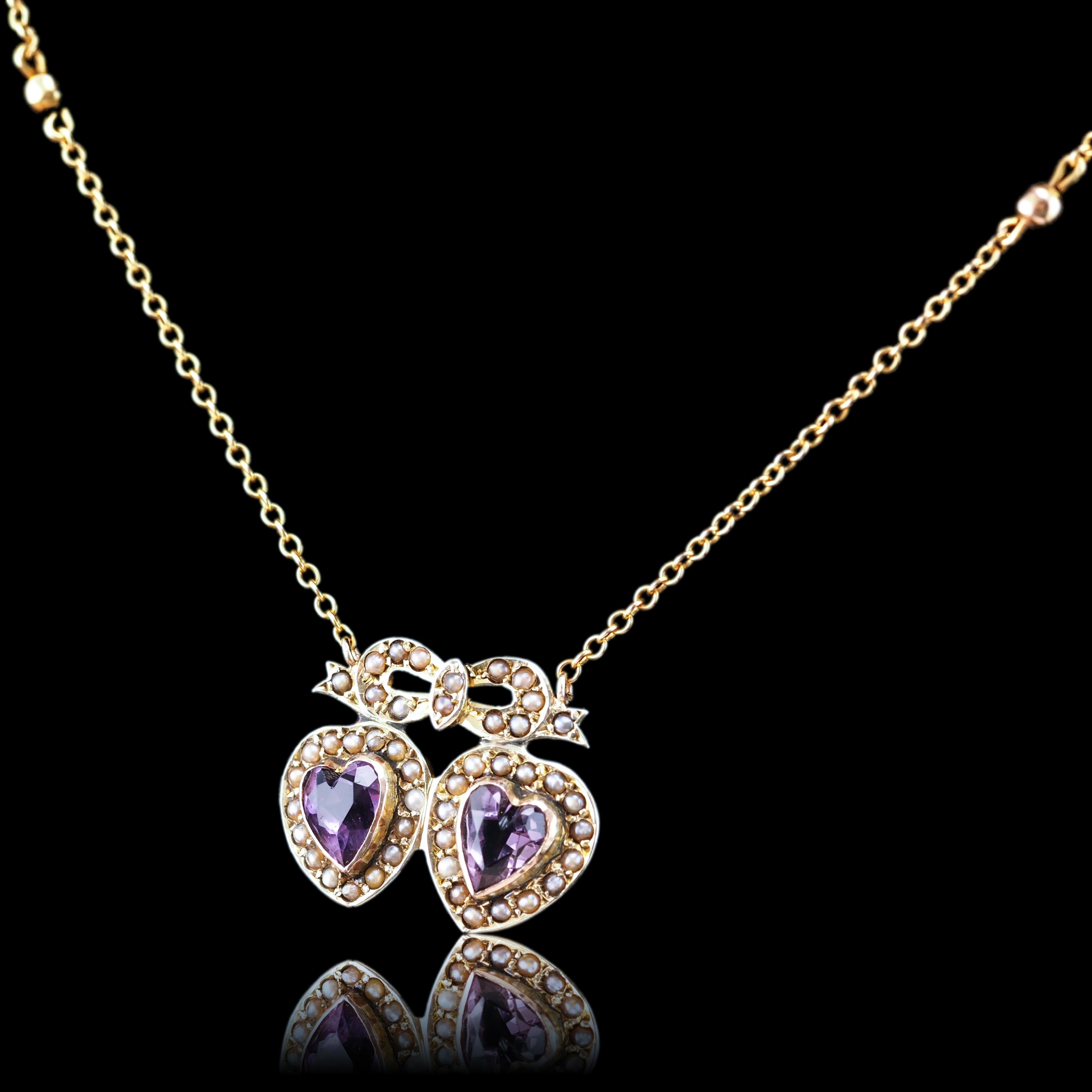 Antique Edwardian Heart Necklace Amethyst & Seed Pearl 9K Gold - c.1910 For Sale 1