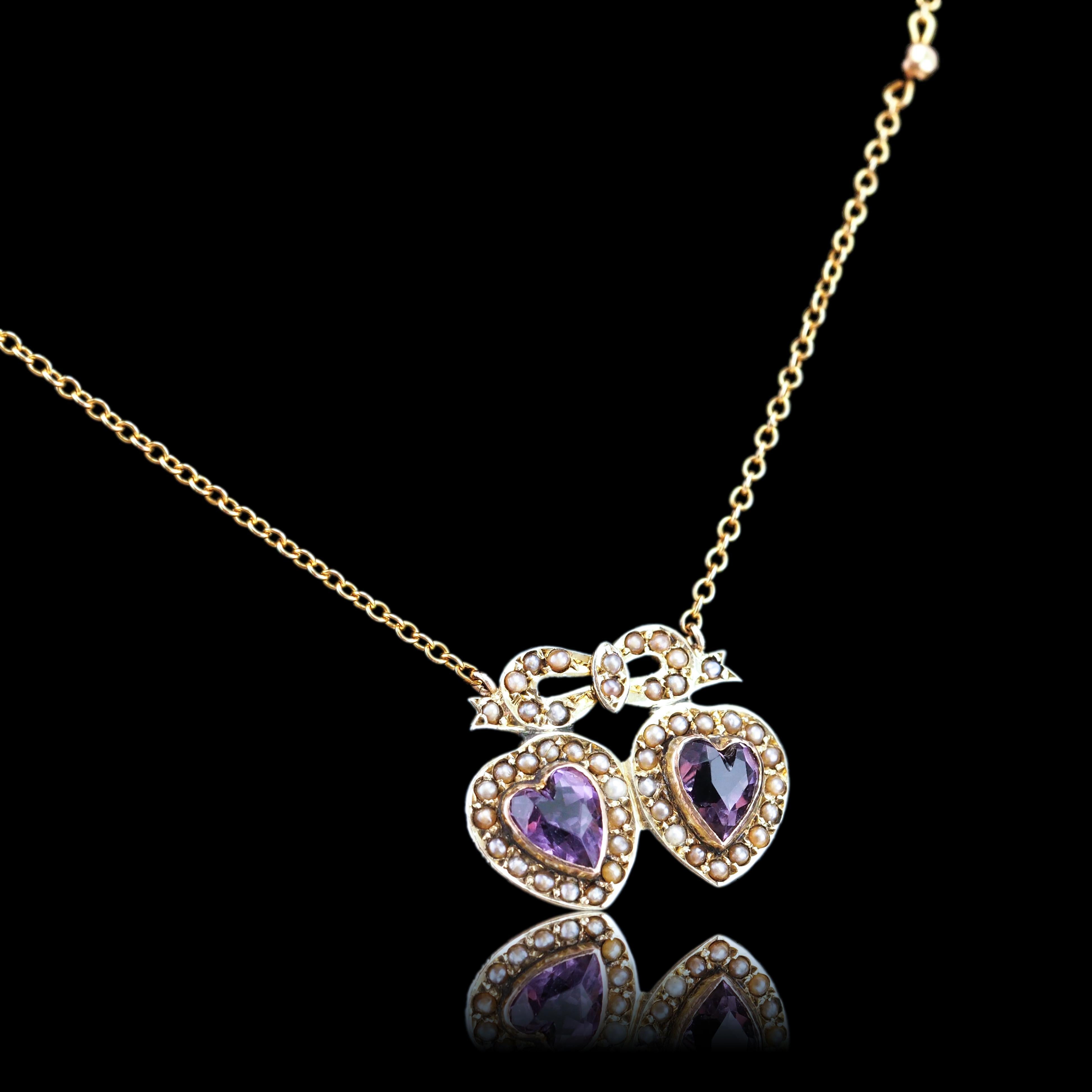Antique Edwardian Heart Necklace Amethyst & Seed Pearl 9K Gold - c.1910 For Sale 2