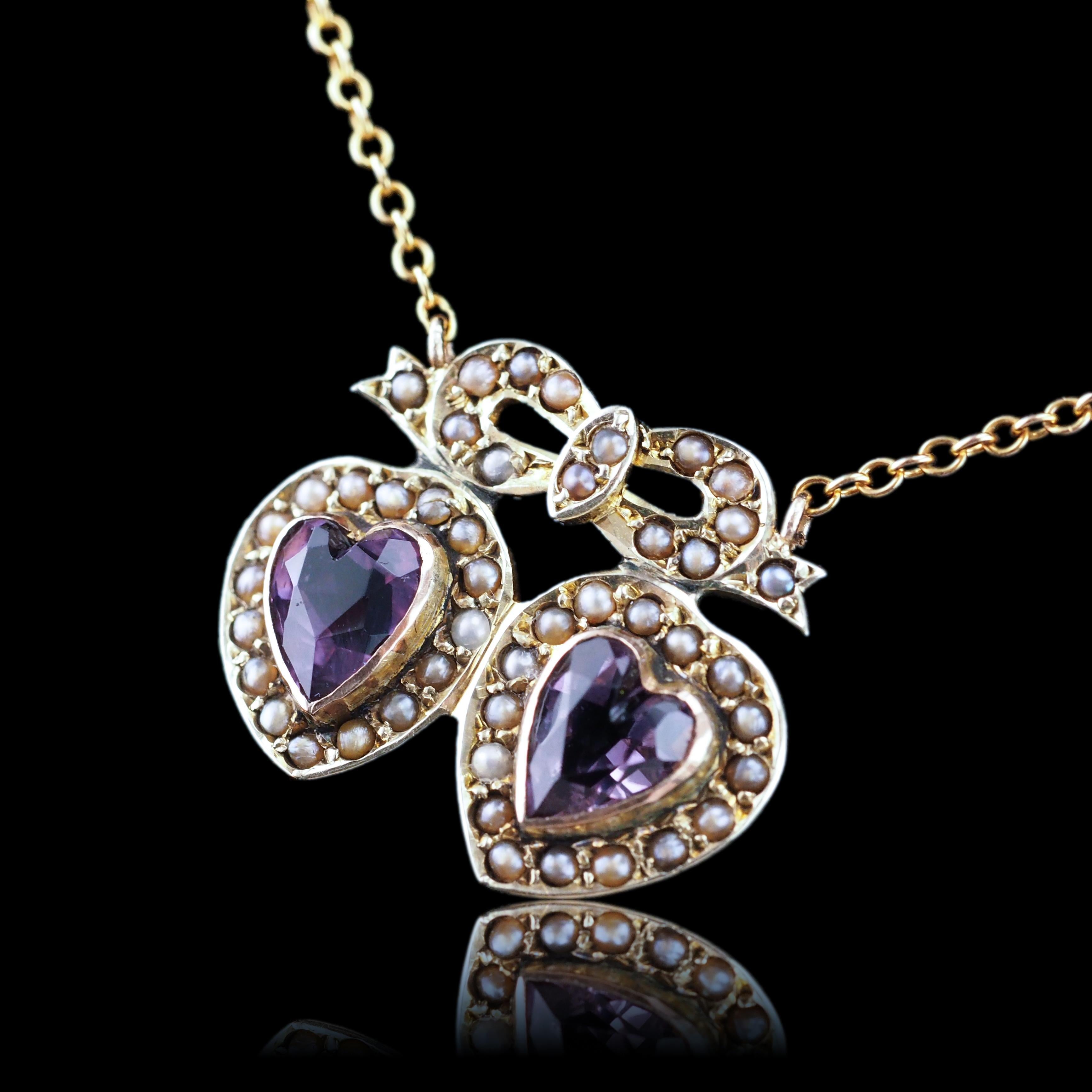 Antique Edwardian Heart Necklace Amethyst & Seed Pearl 9K Gold - c.1910 For Sale 3