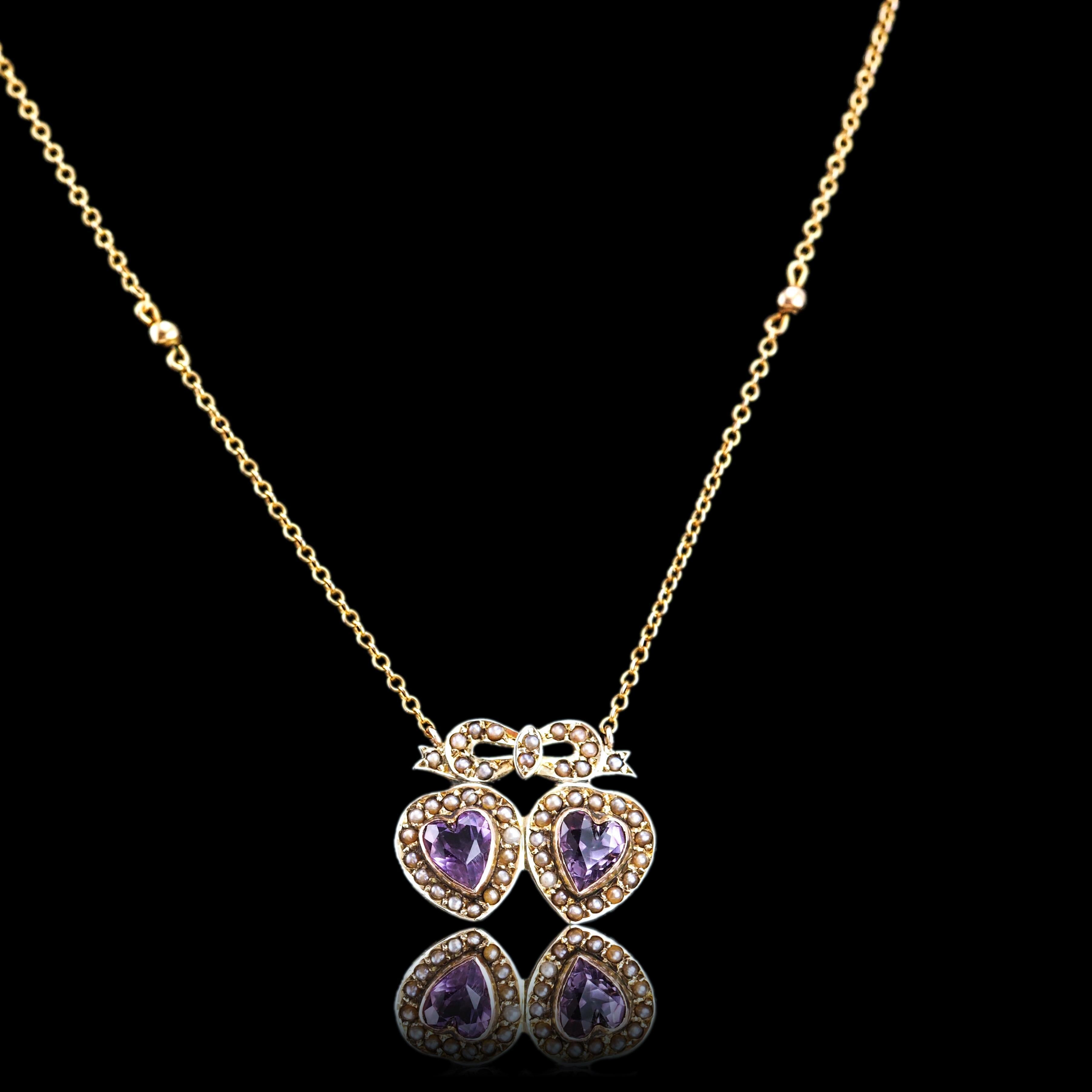 Antique Edwardian Heart Necklace Amethyst & Seed Pearl 9K Gold - c.1910 For Sale 4