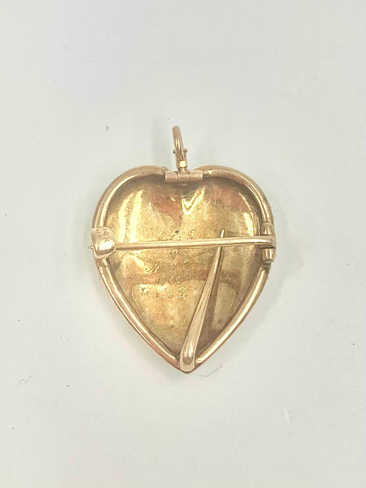 Antique Edwardian Heart Shaped Natural Pearl 14K Gold Pendant, Riker Brothers For Sale 5