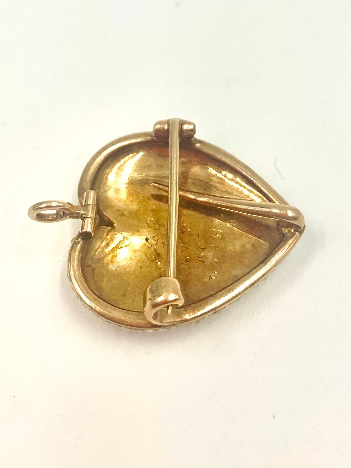 Antique Edwardian Heart Shaped Natural Pearl 14K Gold Pendant, Riker Brothers For Sale 6