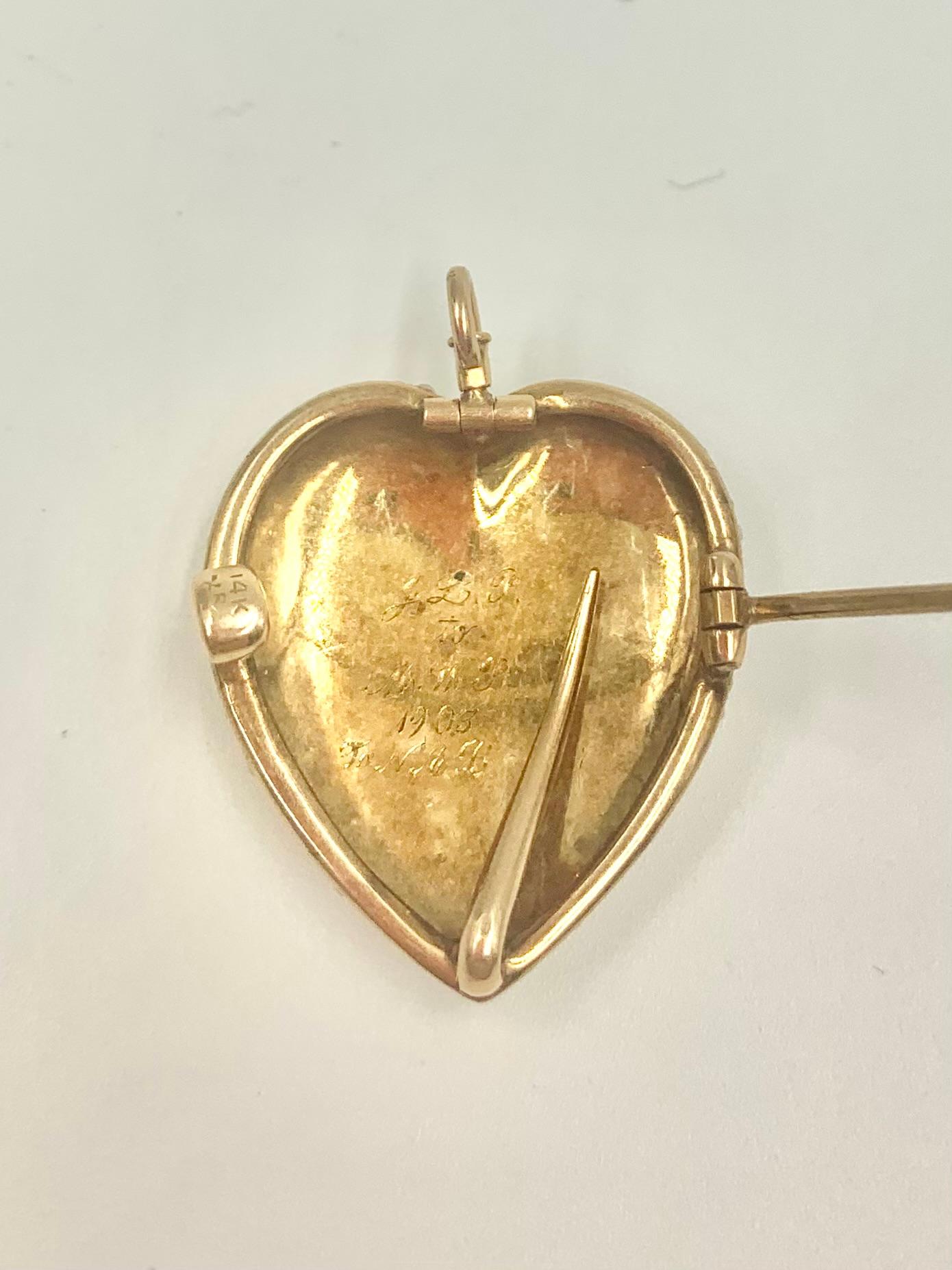 Antique Edwardian Heart Shaped Natural Pearl 14K Gold Pendant, Riker Brothers For Sale 7