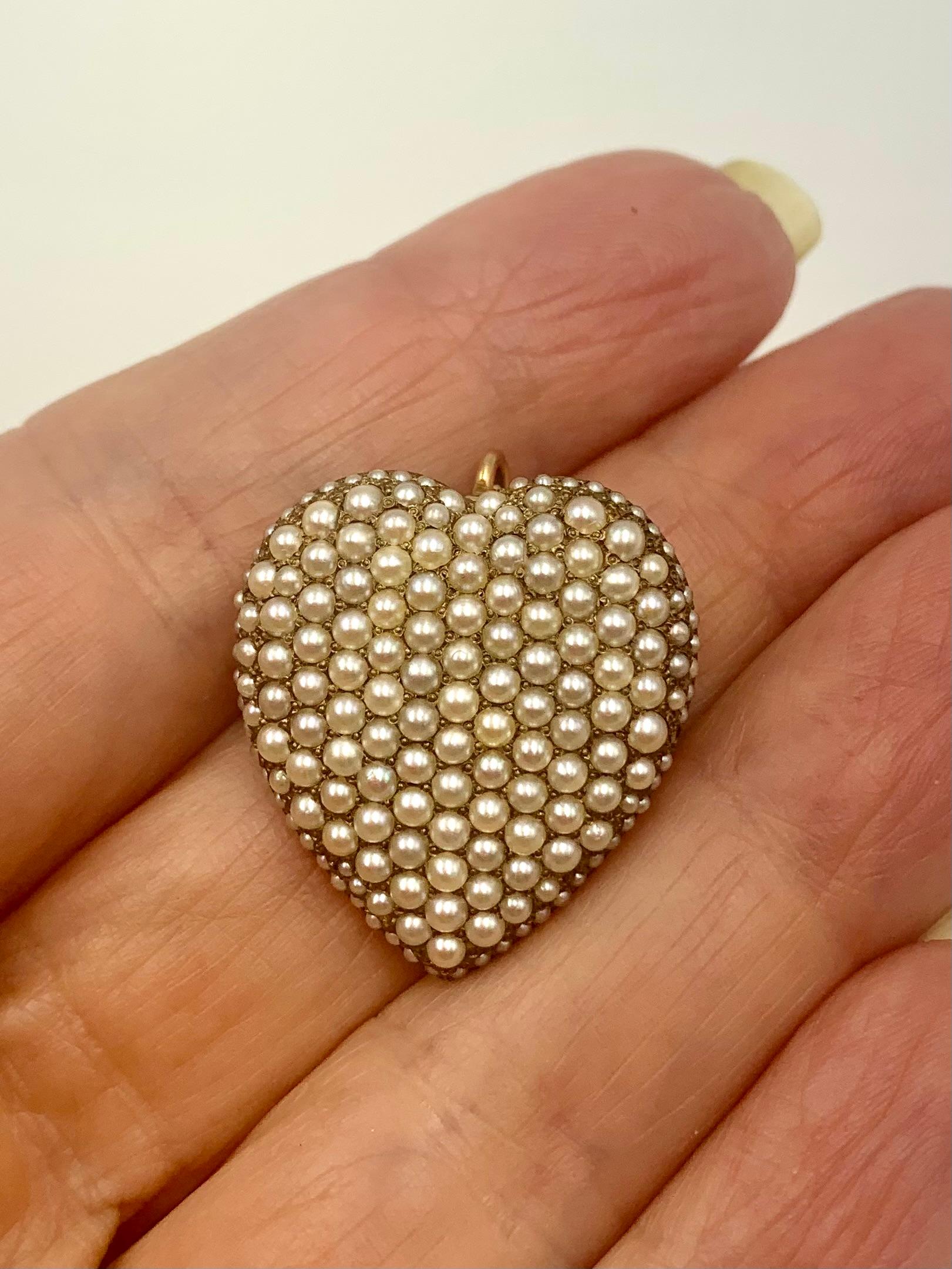 Antique Edwardian Heart Shaped Natural Pearl 14K Gold Pendant, Riker Brothers For Sale 9